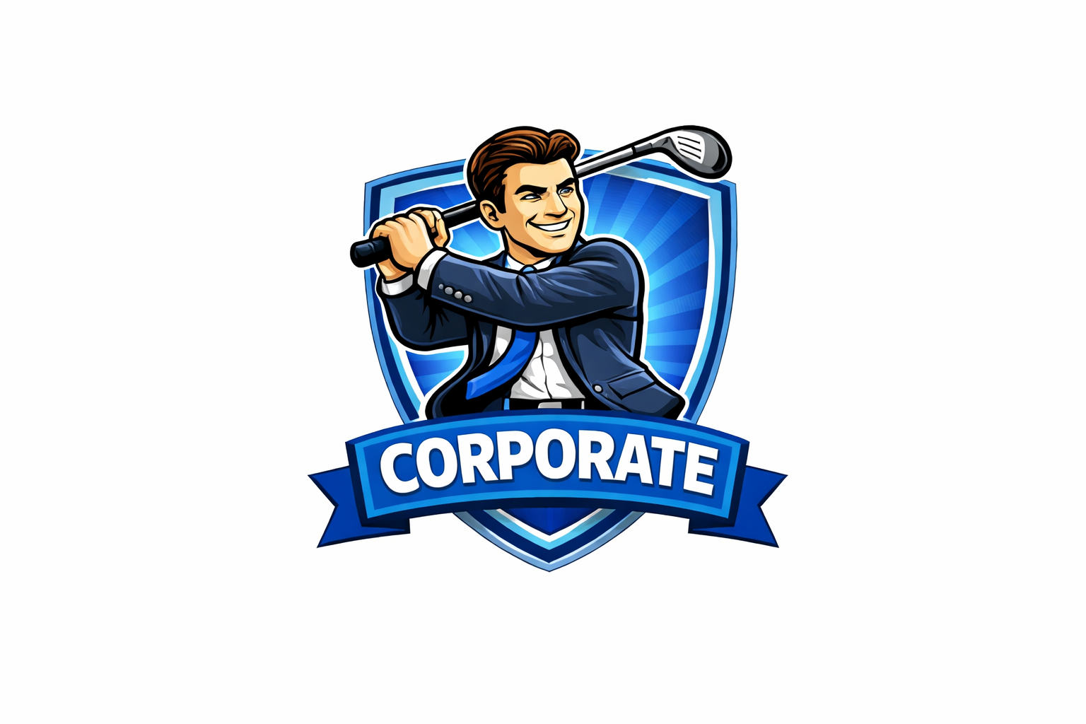 A cartoon-style man in a suit holding a golf club over his shoulders in front of a shield with a blue background, with the word 'CORPORATE' on a blue banner below him.