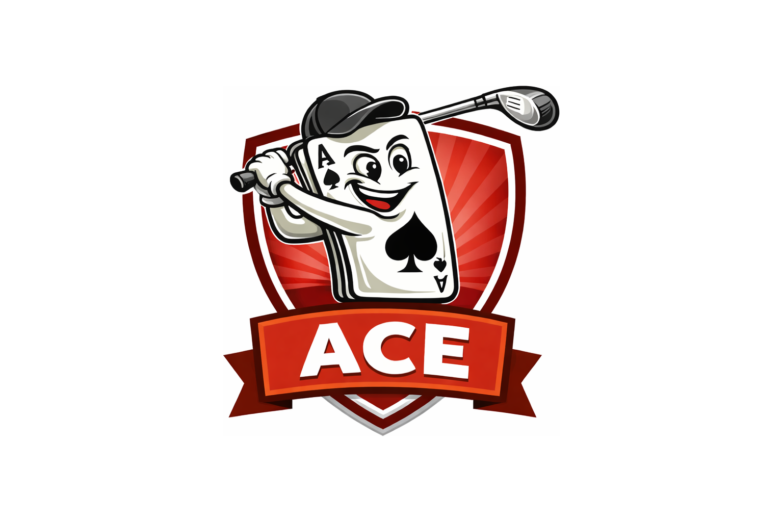 A cartoon character of an ace of spades playing card with a smiling face, wearing a black cap, holding a golf club, with a red shield background and a banner that says 'ACE'.