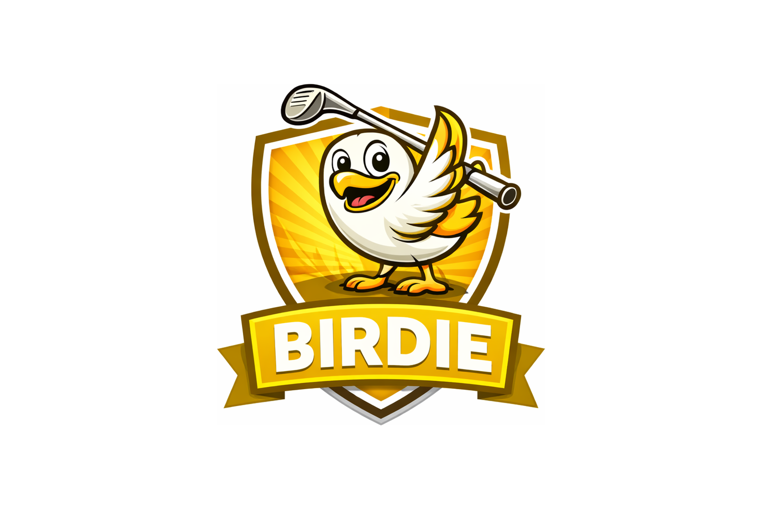 A cartoon duck holding a golf club in front of a shield with golden rays. The duck is smiling and has wings and feet. Below, the word "BIRDIE" is displayed on a yellow banner.