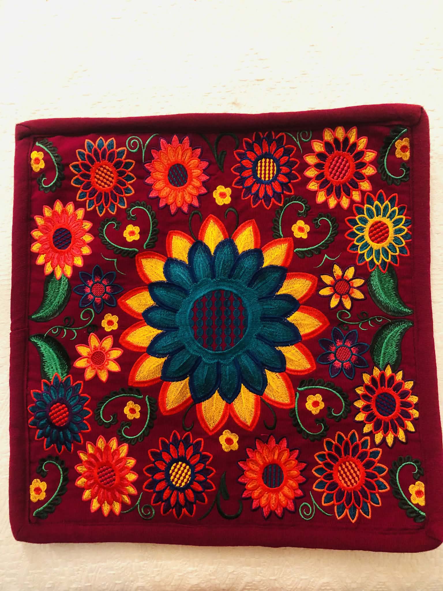 Deep Red Hand Embroidered Cushion Cover with Sunflowers