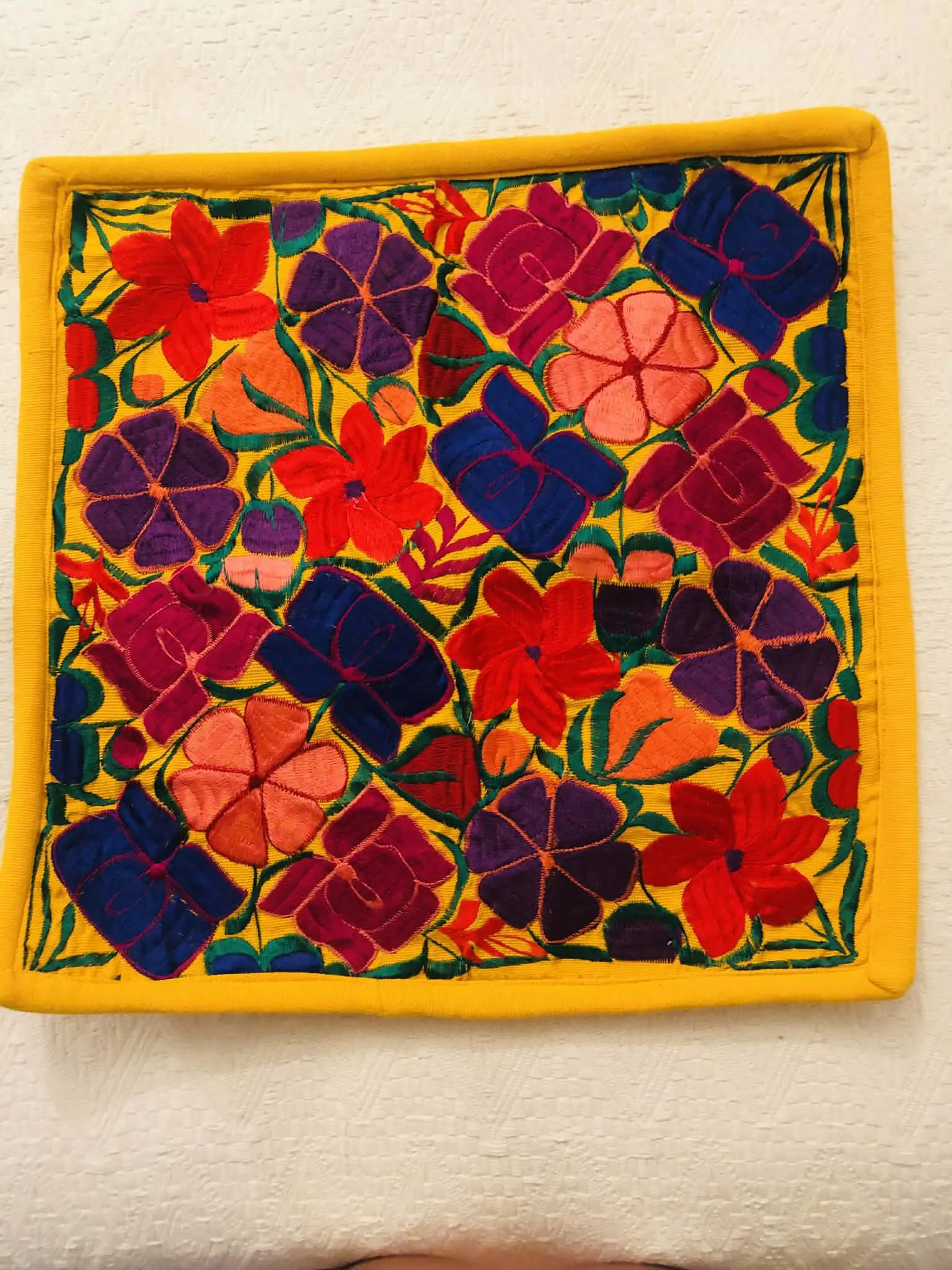 Yellow Hand Embroidered Cushion Cover with Flowers