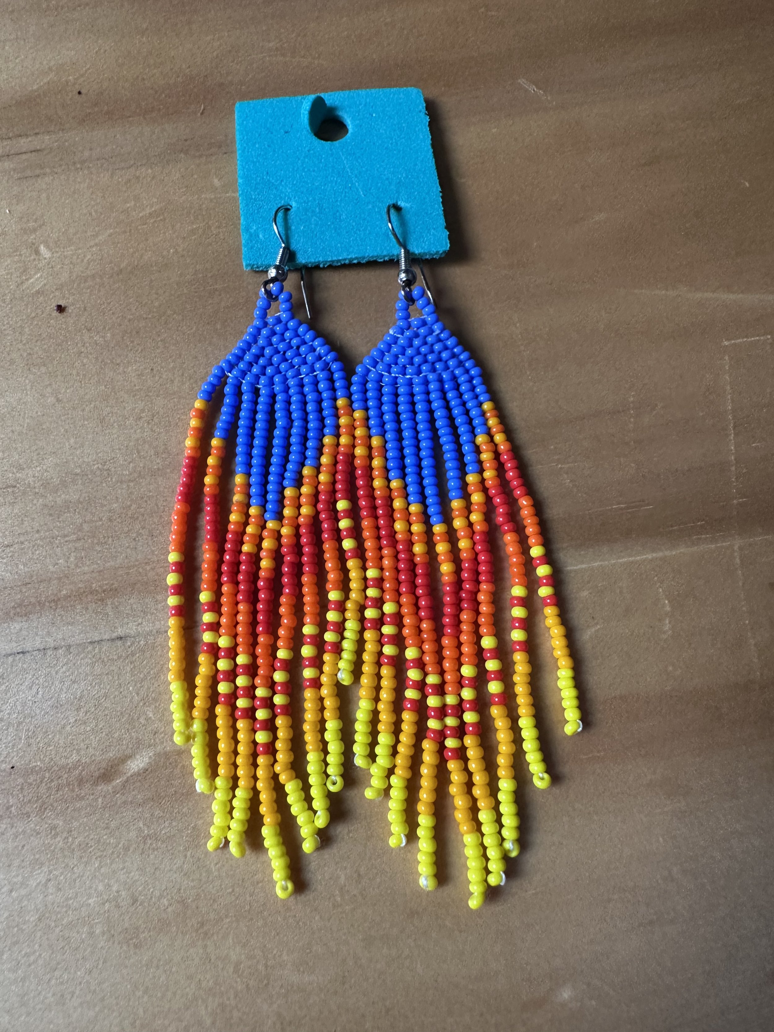 Blue, red and yellow hand beaded earrings