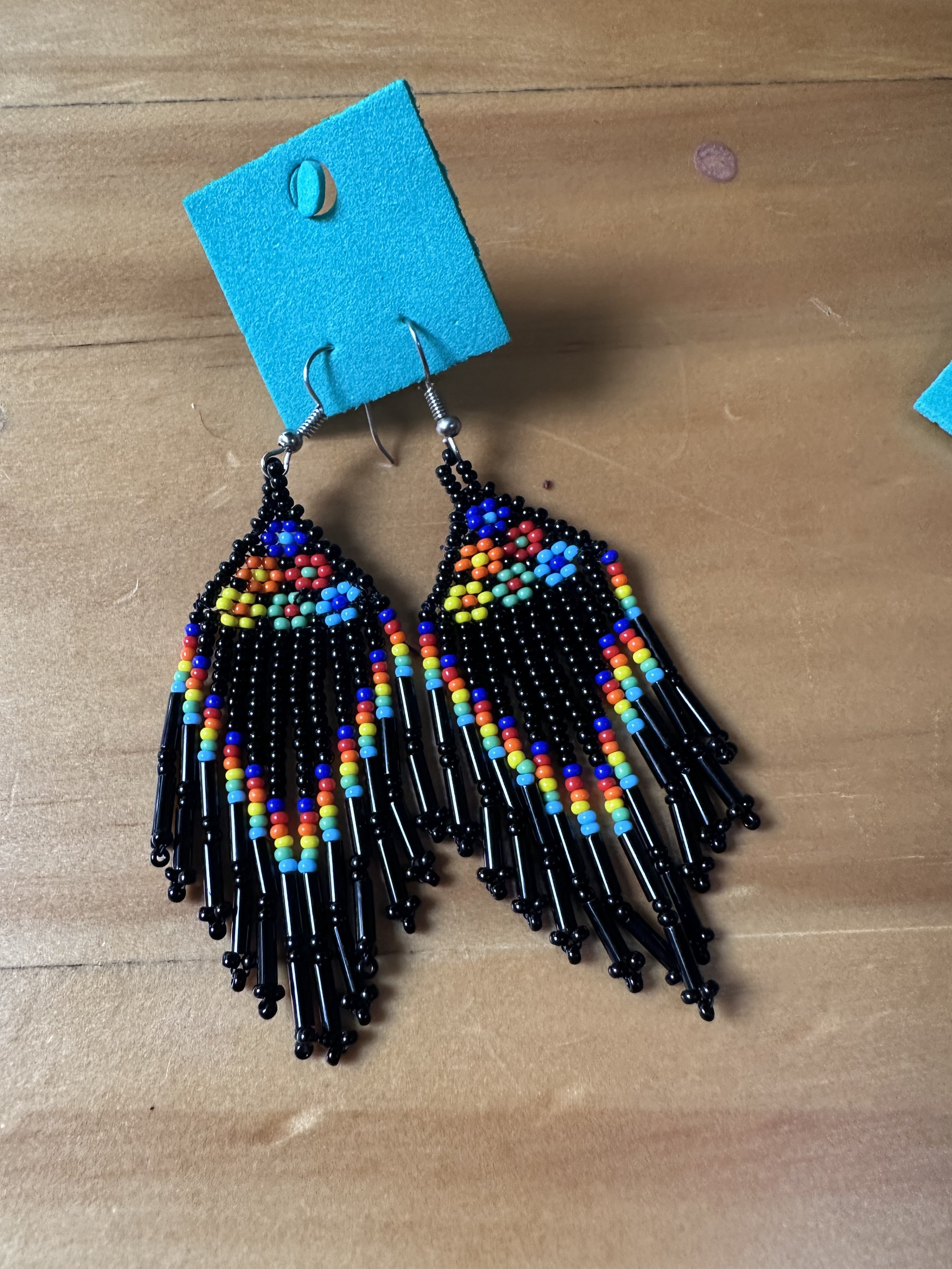 Black with flowers hand beaded earrings