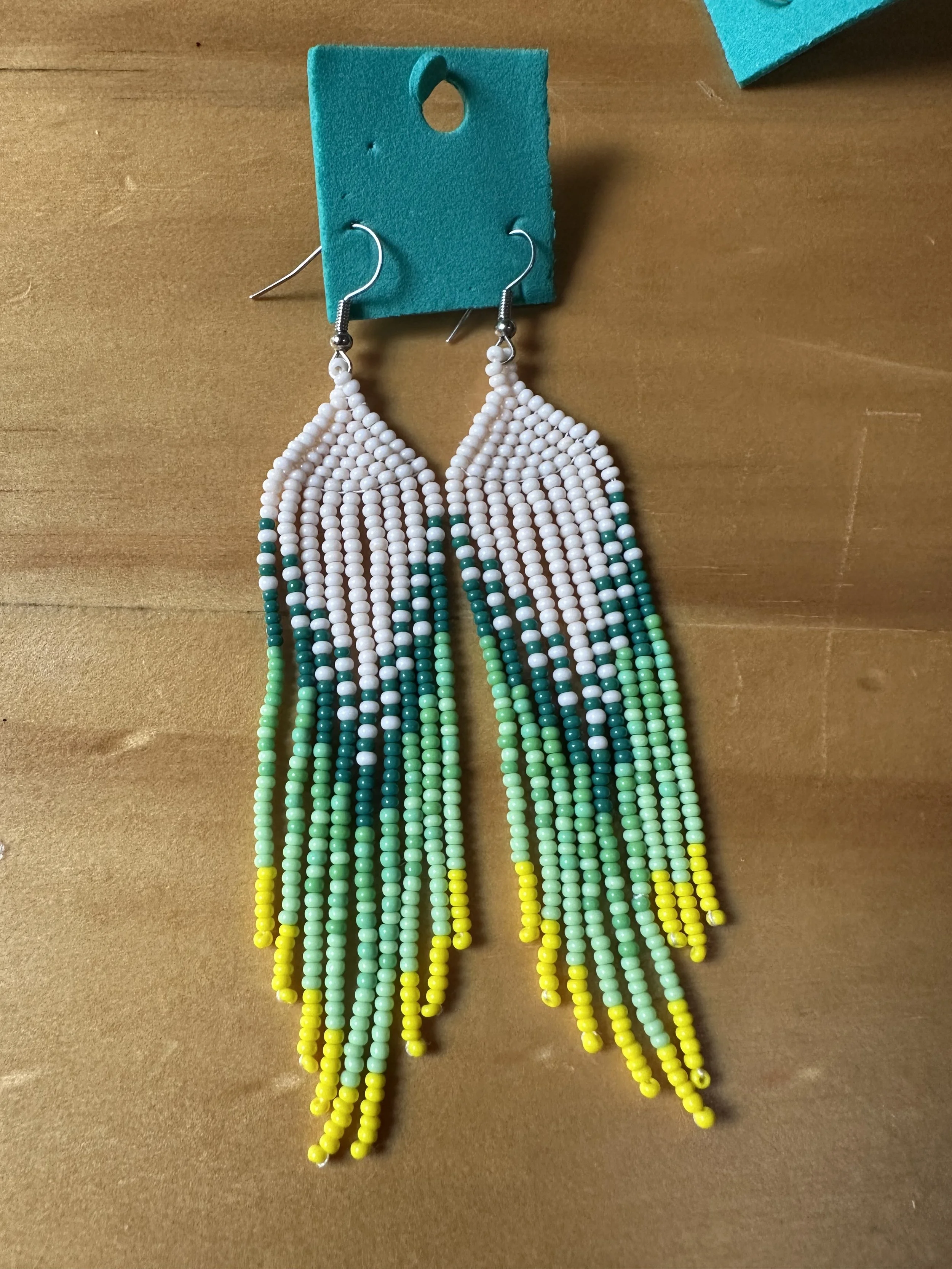 Green and whitte hand beaded earrings