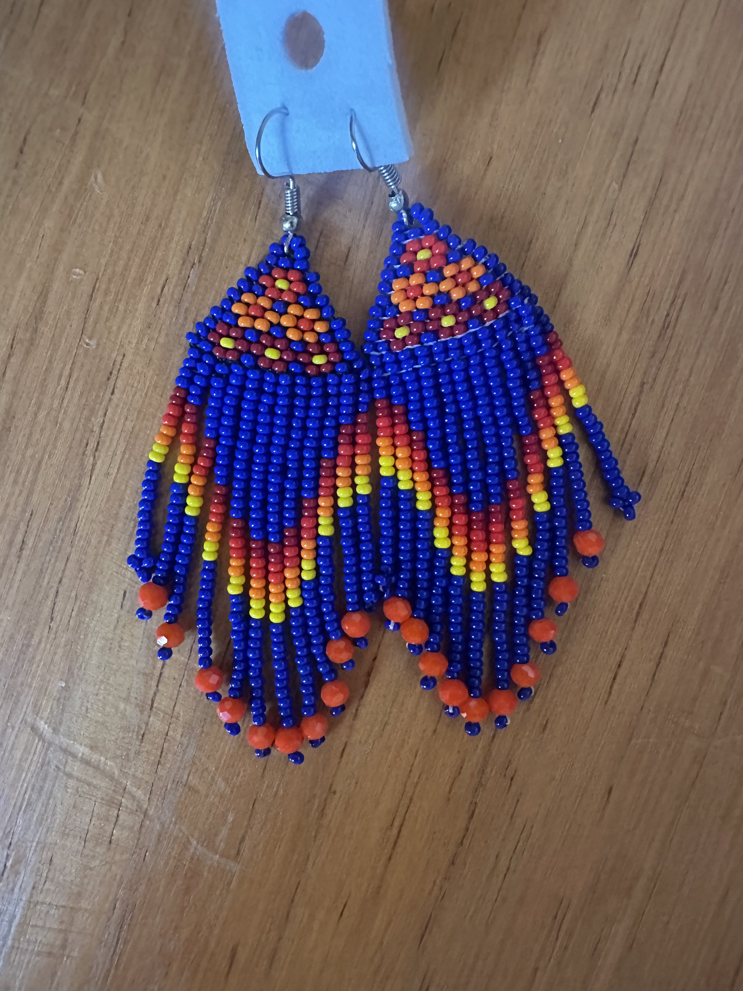 Dark blue flower hand beaded earrings