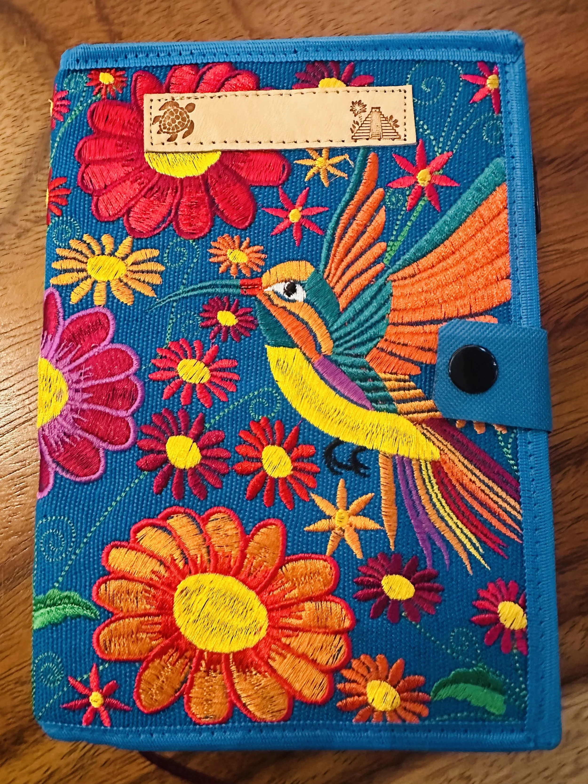 Turquoise hummingbird hand embroidered notebook