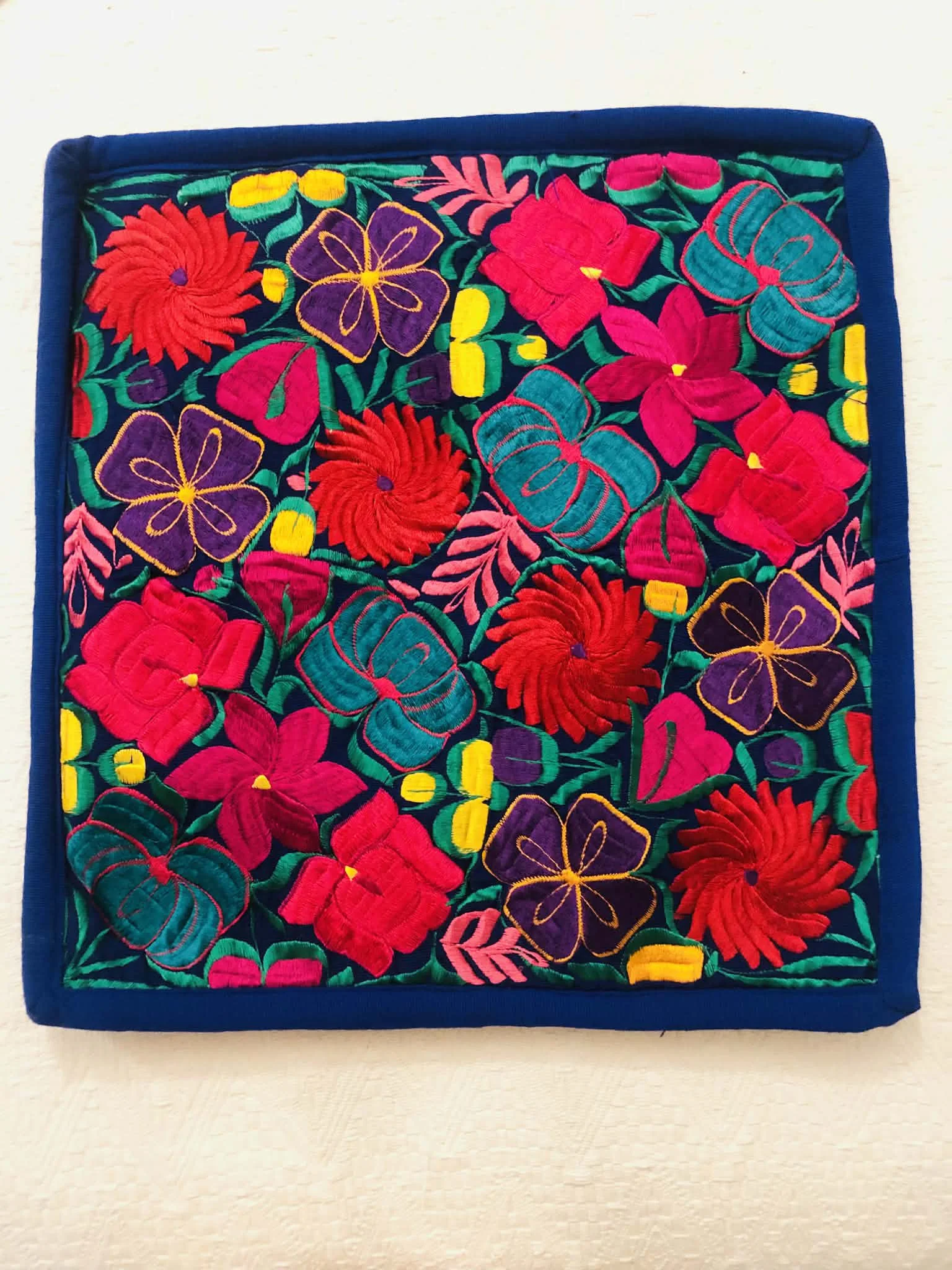 Dark Blue Hand Embroidered Cushio Cover with Flowers