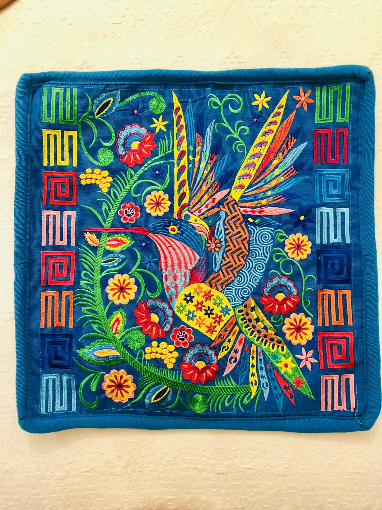 Blue Humingbird Hand Embroidered Cushion Cover