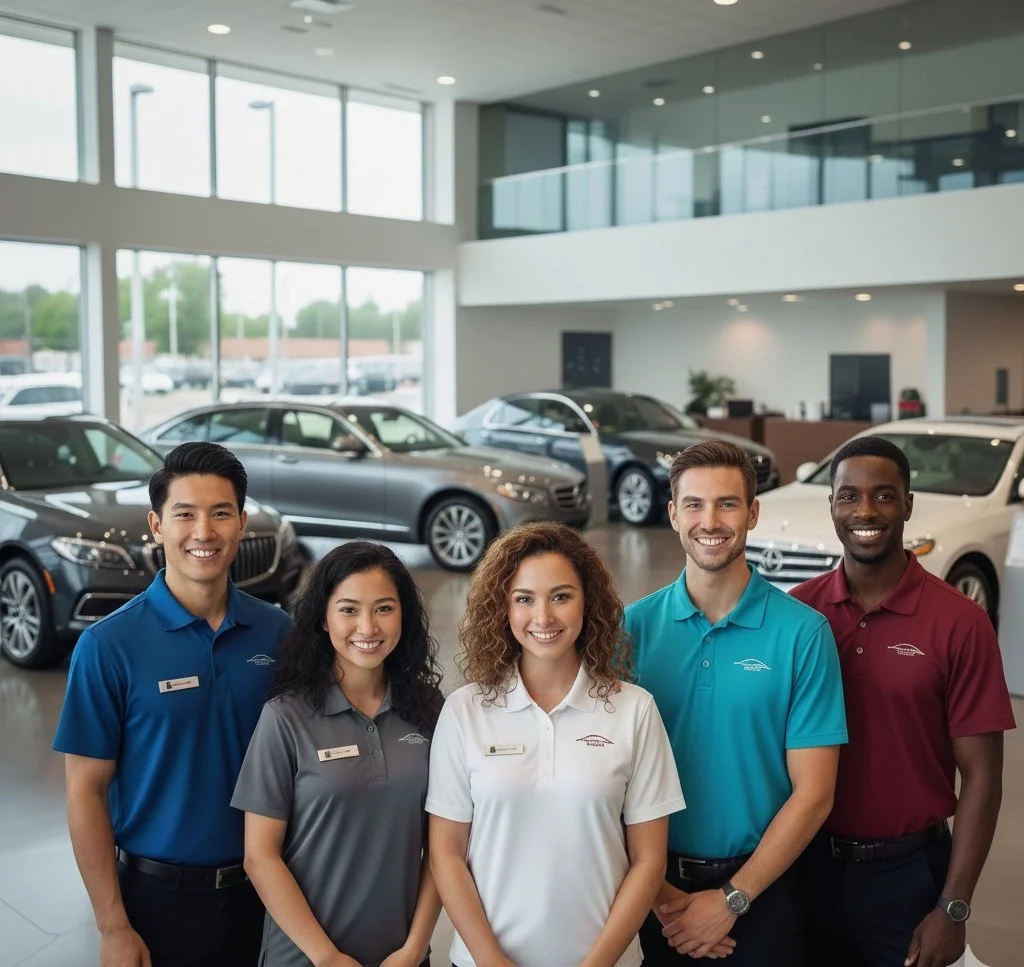 Group of five diverse car salespeople standing inside a modern car dealership showroom with several cars on display.