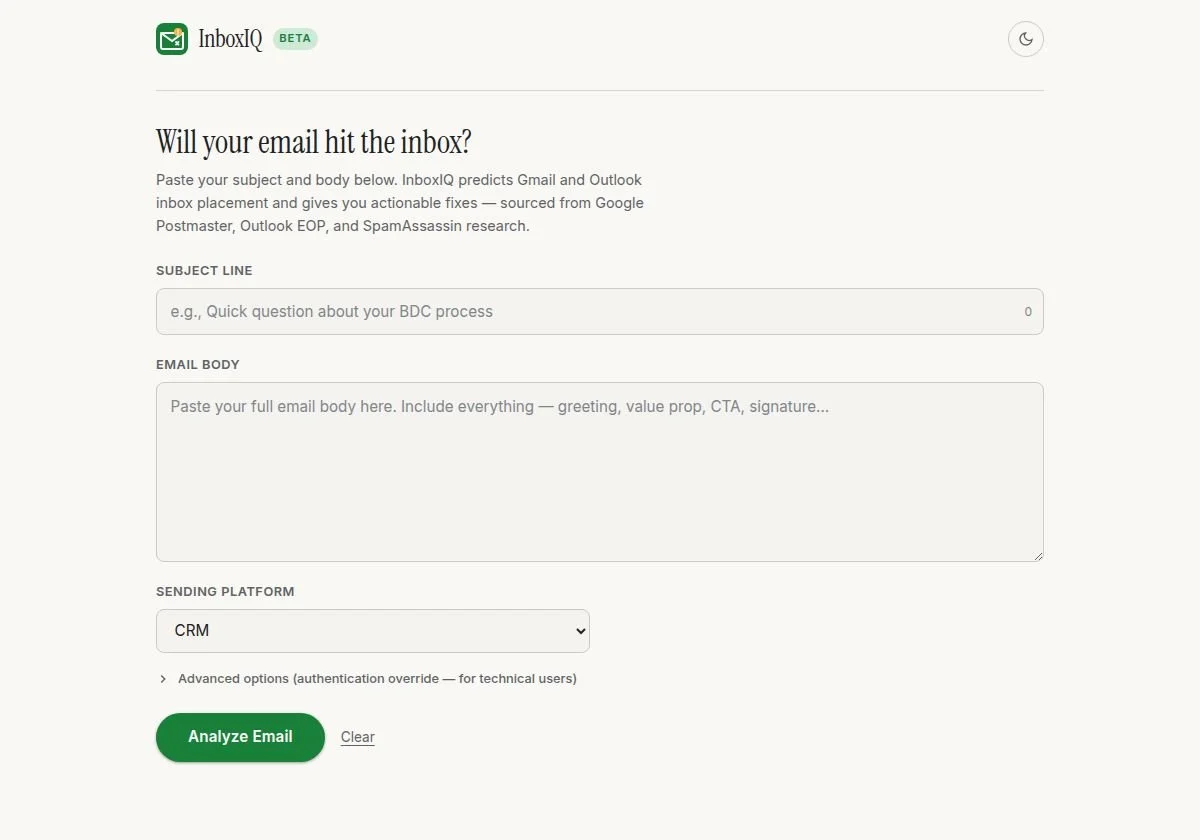 InboxIQ is an AI-powered email deliverability assistant that predicts whether your cold emails will land in the Gmail Primary inbox, Promotions, or Spam, as well as Outlook Inbox, Junk, or Quarantine. It analyzes your subject line, email body, format