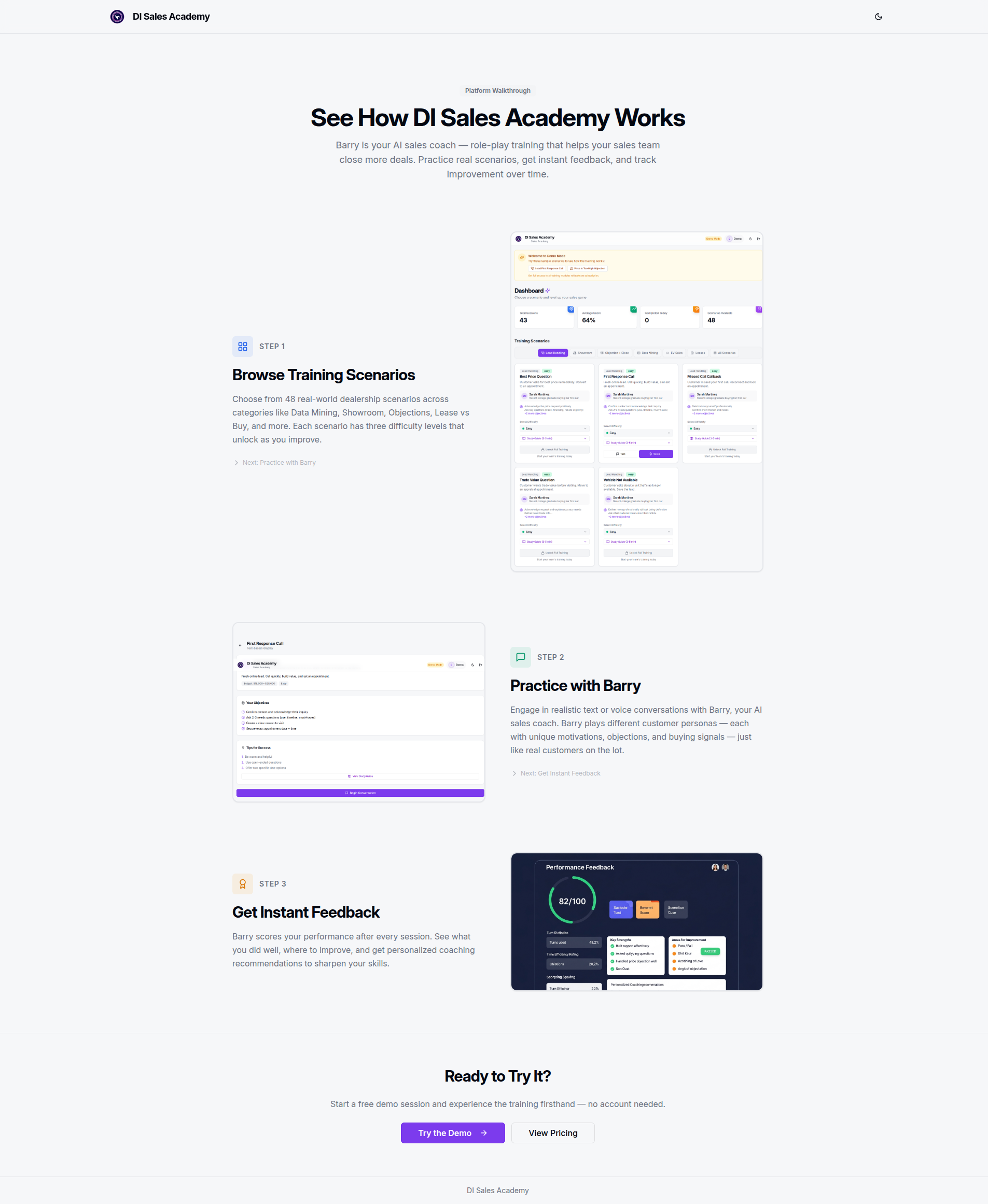 Screenshot of a webpage introducing the DI Sales Academy platform, with a step-by-step guide on how it works, including browsing training scenarios, practicing with a virtual coach named Barry, and getting instant feedback. The webpage includes visua
