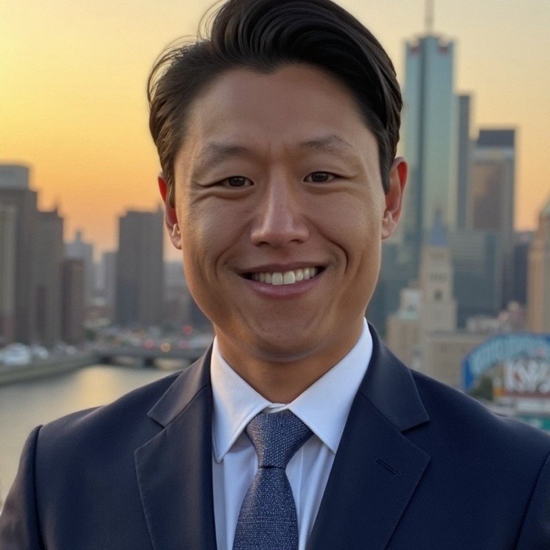 A smiling Asian man in a business suit and tie stands outdoors with a city skyline and sunset in the background.