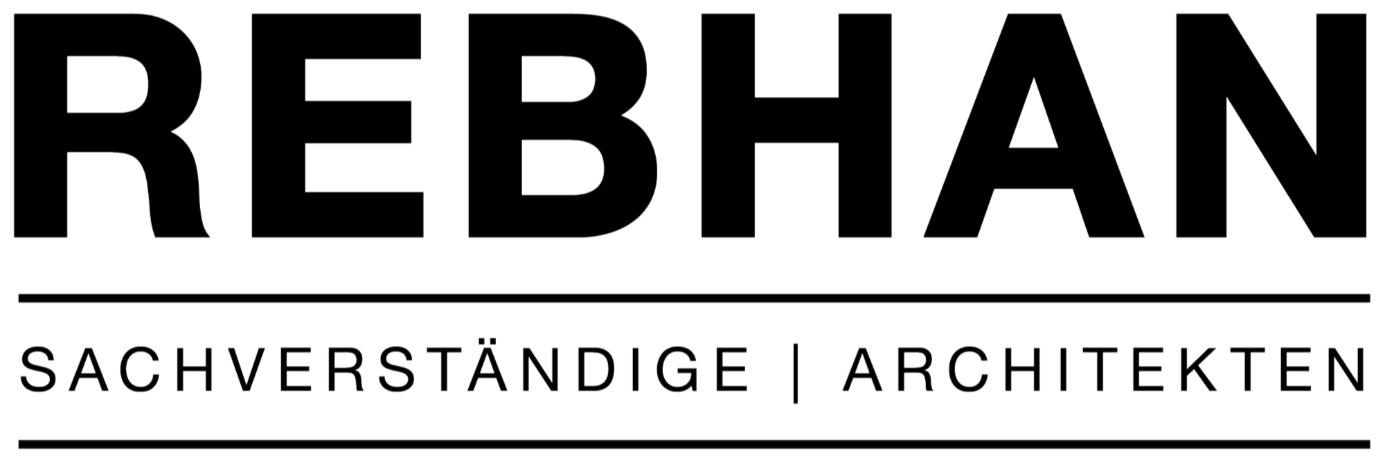 Schwarz-weiß Logo mit großem Schriftzug 'REBHÄN' und kleineren Worten 'SACHVERSTÄNDIGE ARCHITEKTEN' darunter.