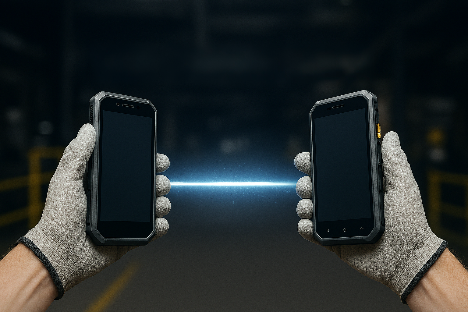 SHIFT-LINK: Industrial rugged phone showing manufacturing shift handover log.