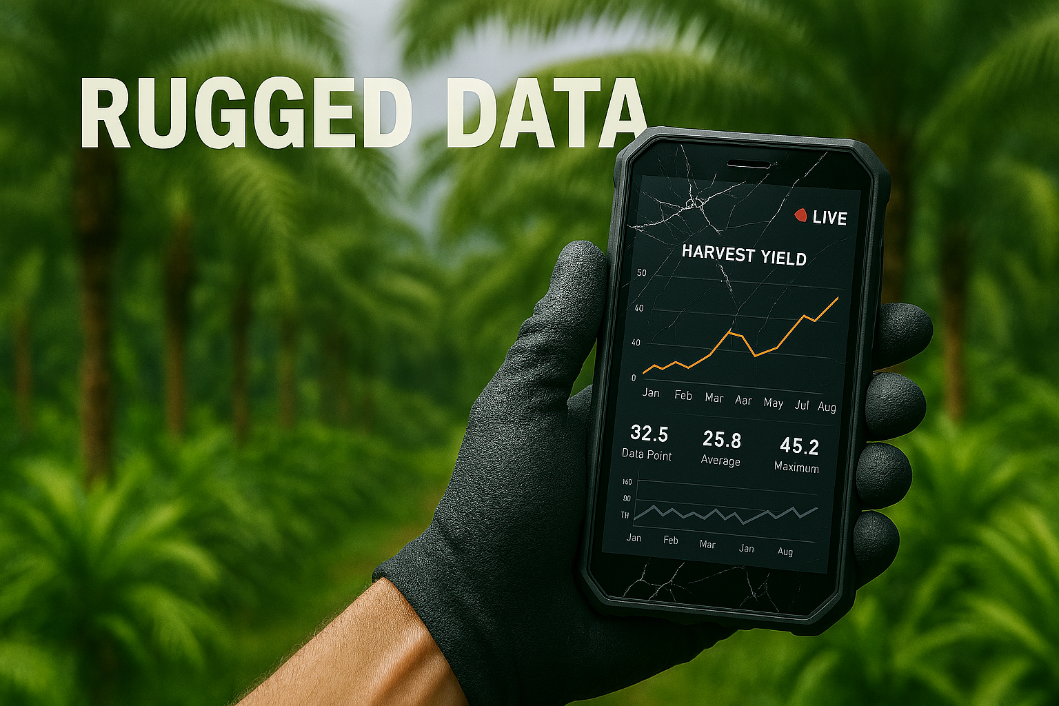 CROP-COUNT: Mobile phone showing palm oil harvest yield data in plantation.
