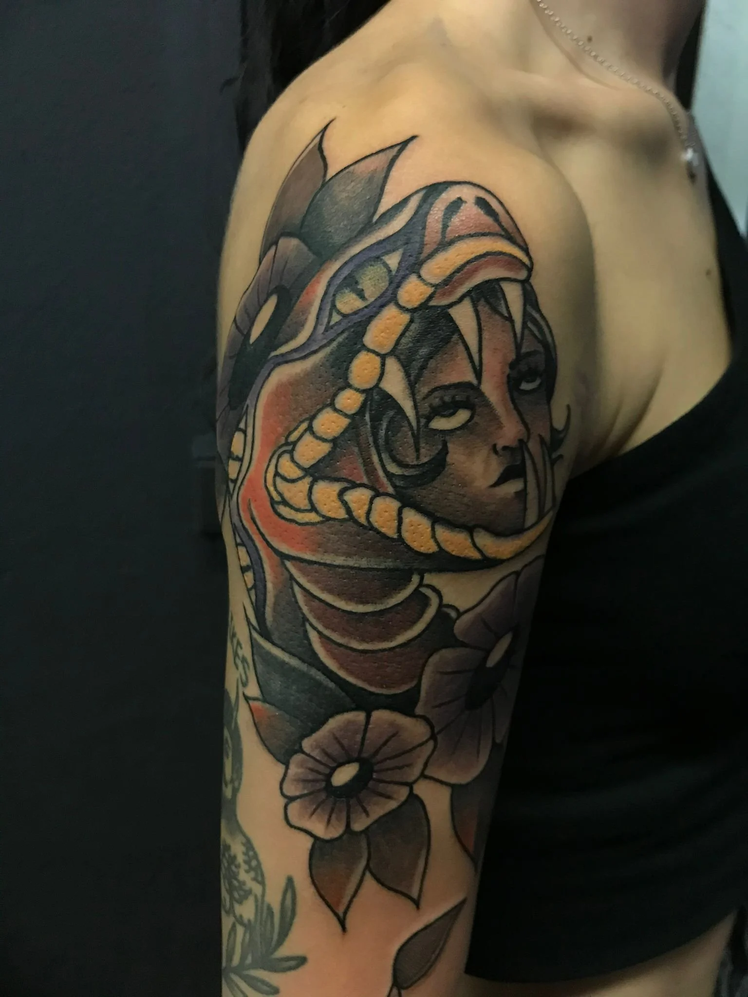 Traditional Snake With Woman Face Arm Color Tattoo Berlin Done By LonoTattoo
