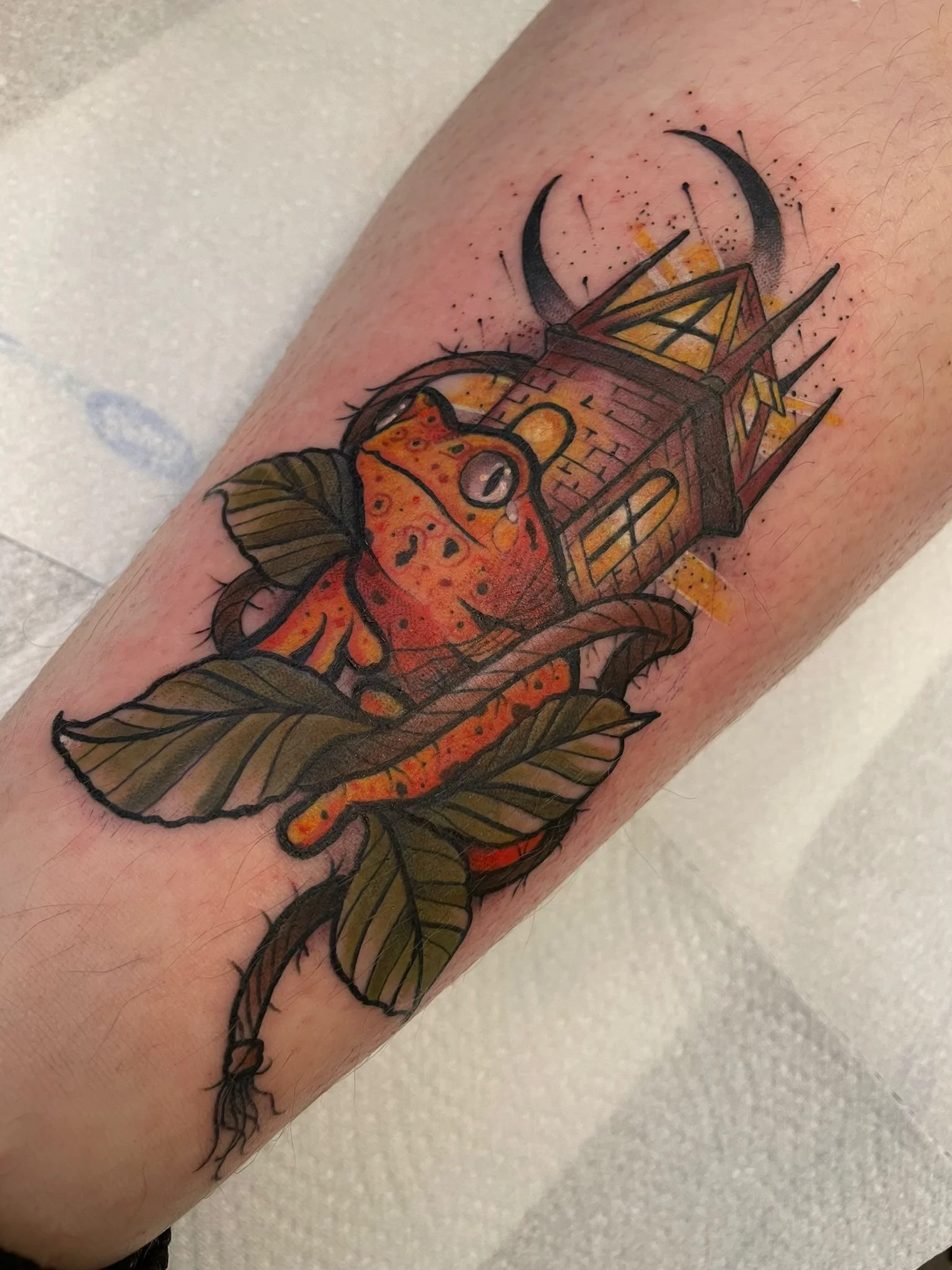 A tattoo of a frog sitting on a branch, with a haunted house in the background, and crescent moons above.