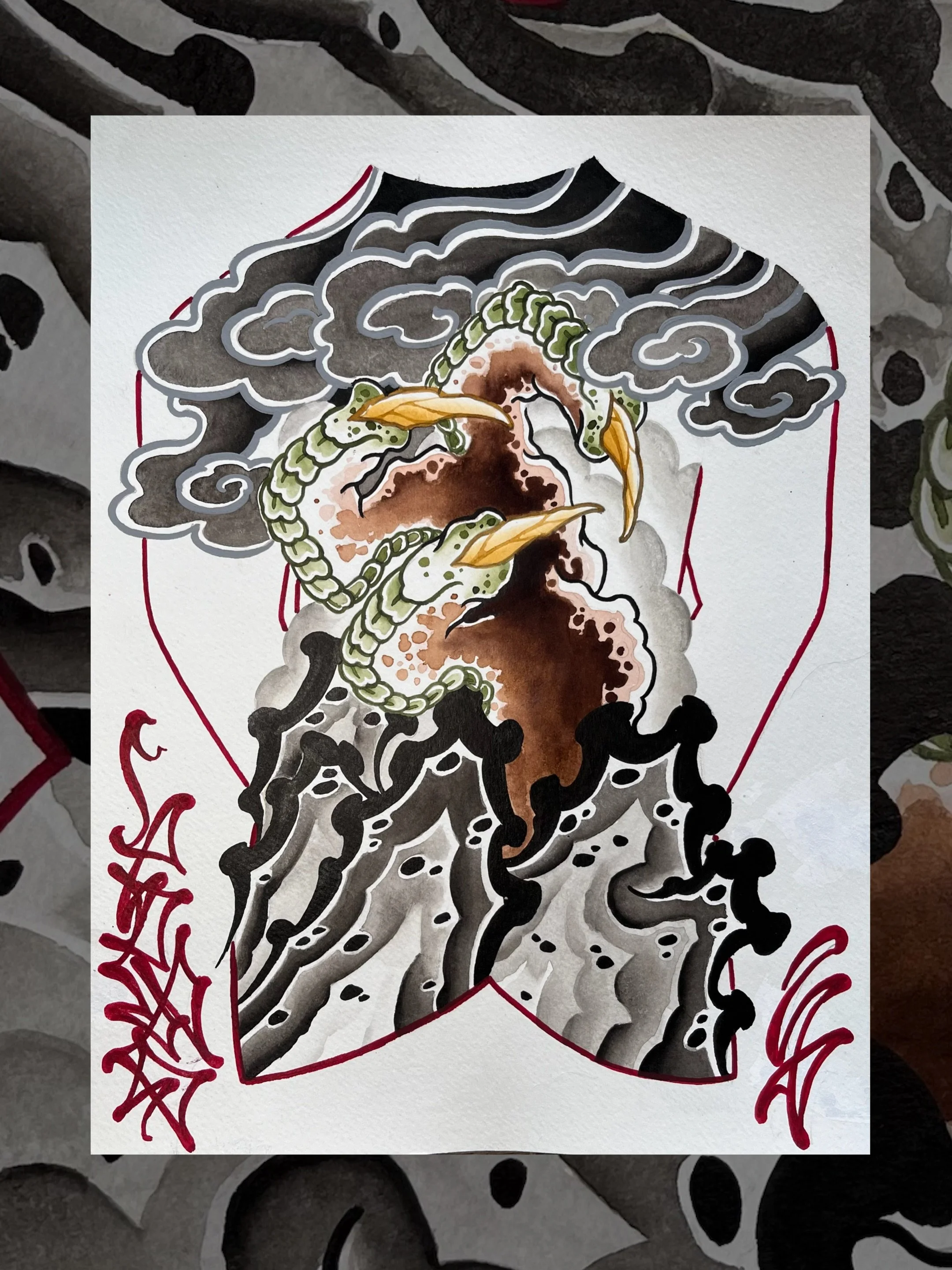 Handpainted Japanese Backpiece Dragon Claw tattoo design by Lono Tattoos — Berlin, Germany.
Available to be tattooed—use the contact form to book this piece.
