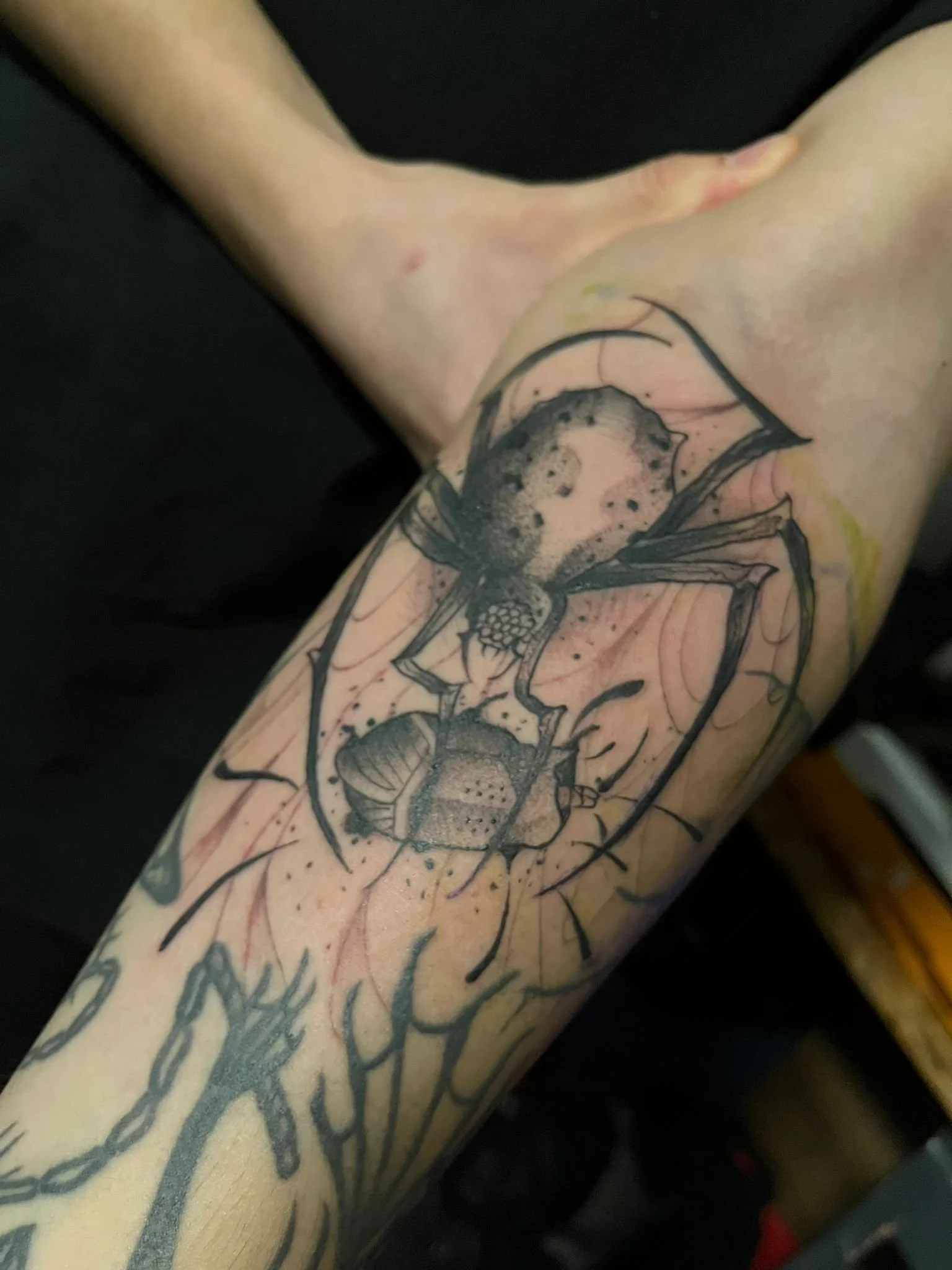 Tattoo of a spider and a bee on a person's forearm.