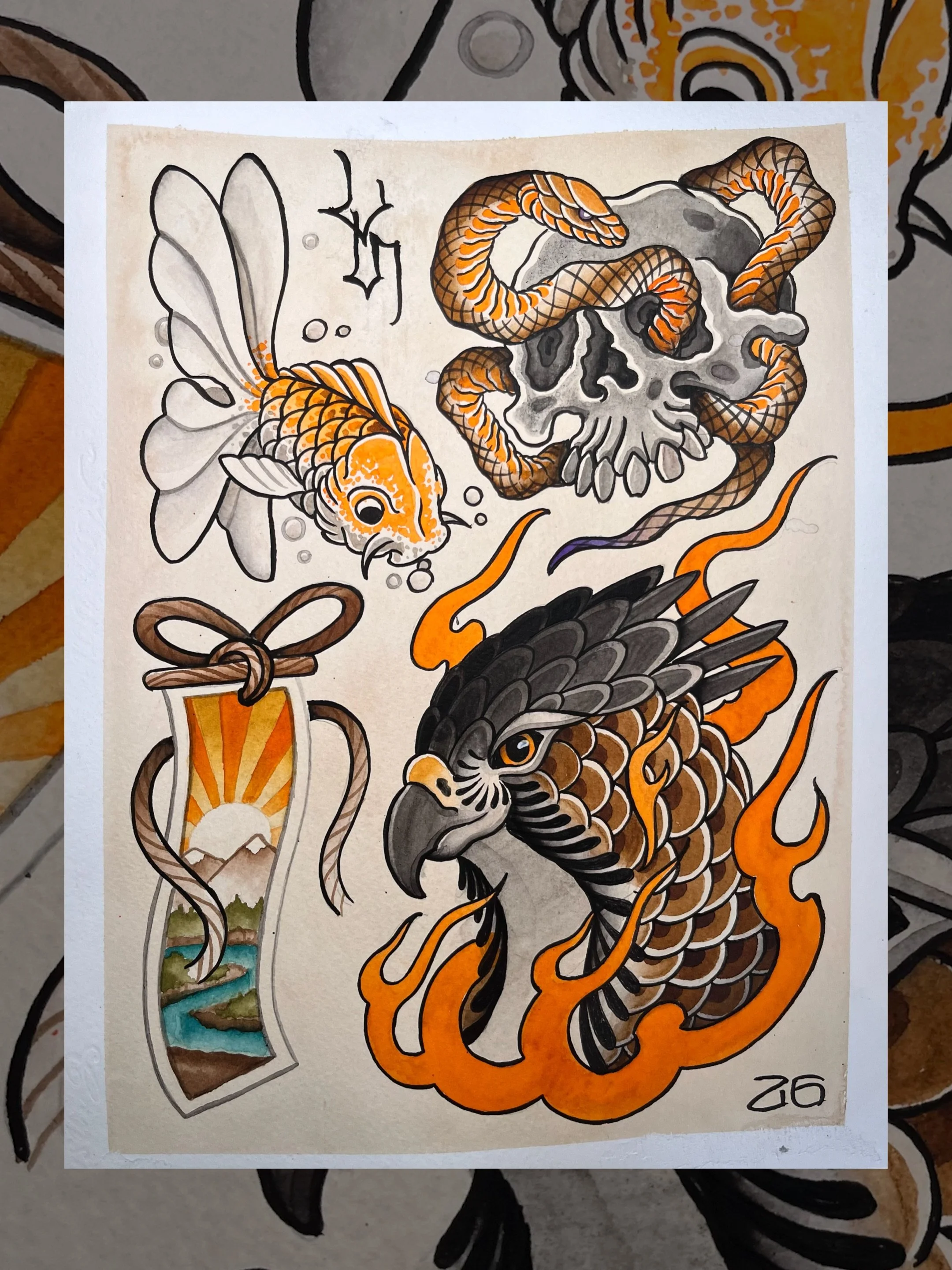 Handpainted Japanese Goldfish , Skull and Snake, Scroll and Hawk tattoo designs by Lono Tattoos — Berlin, Germany.
Available to be tattooed—use the contact form to book this piece.