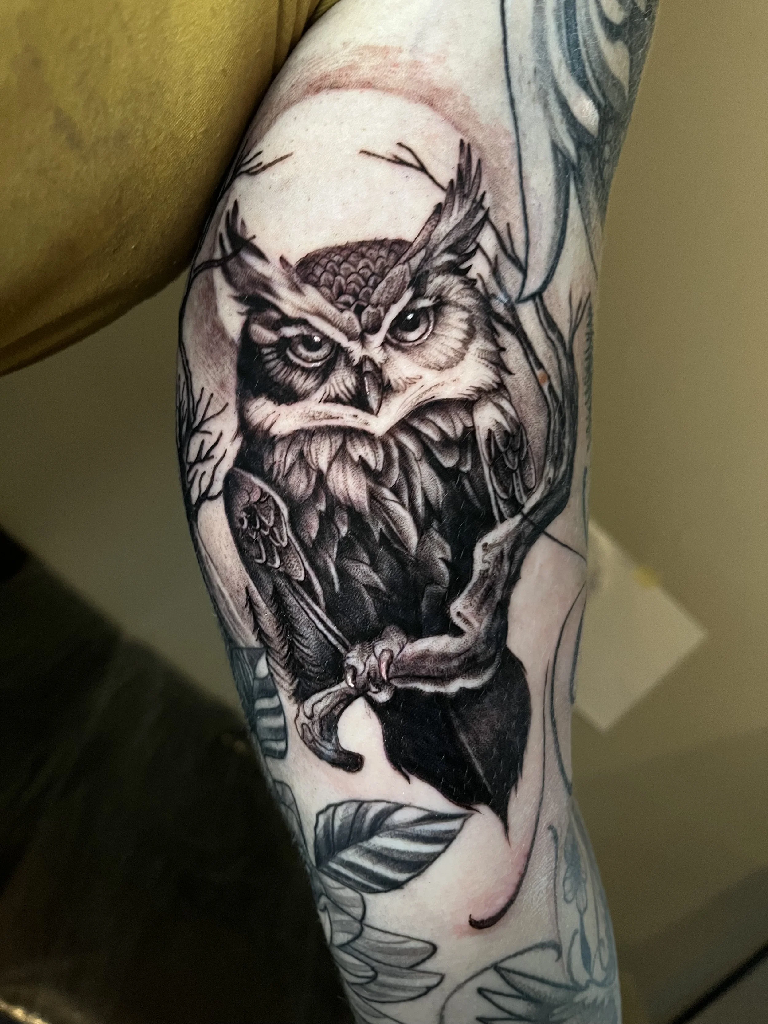 Tattoo of an owl with intense eyes, perched on a branch, with detailed feathers and surrounding leaves, in black and gray ink.