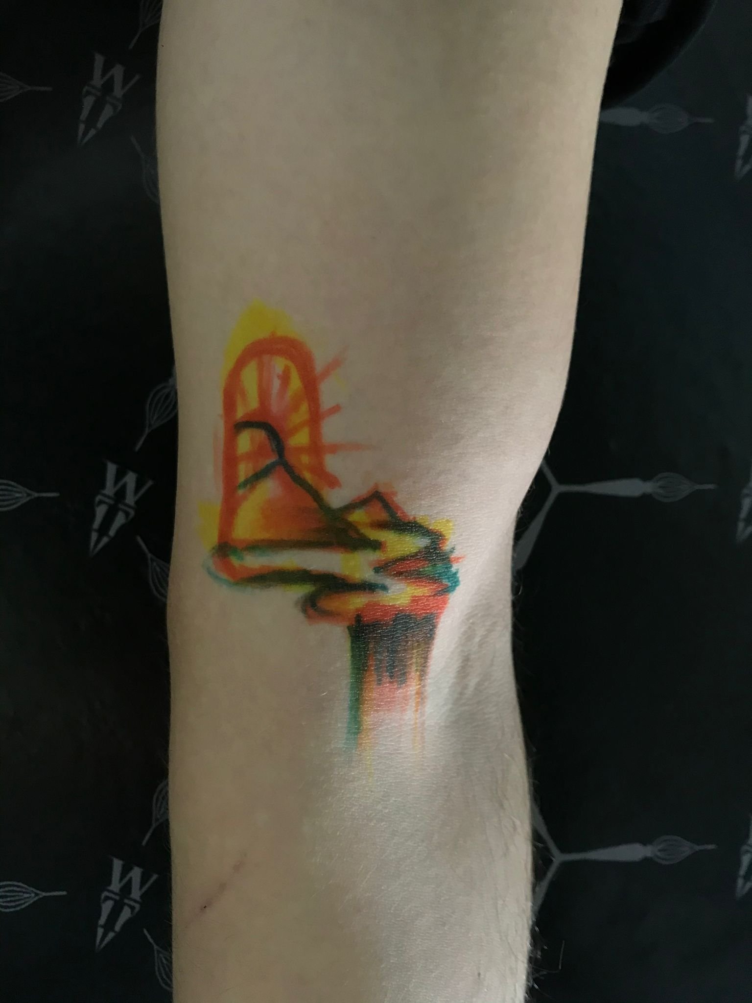 Traditional Psycadelic Landscape Arm Color Tattoo Berlin Done By LonoTattoo