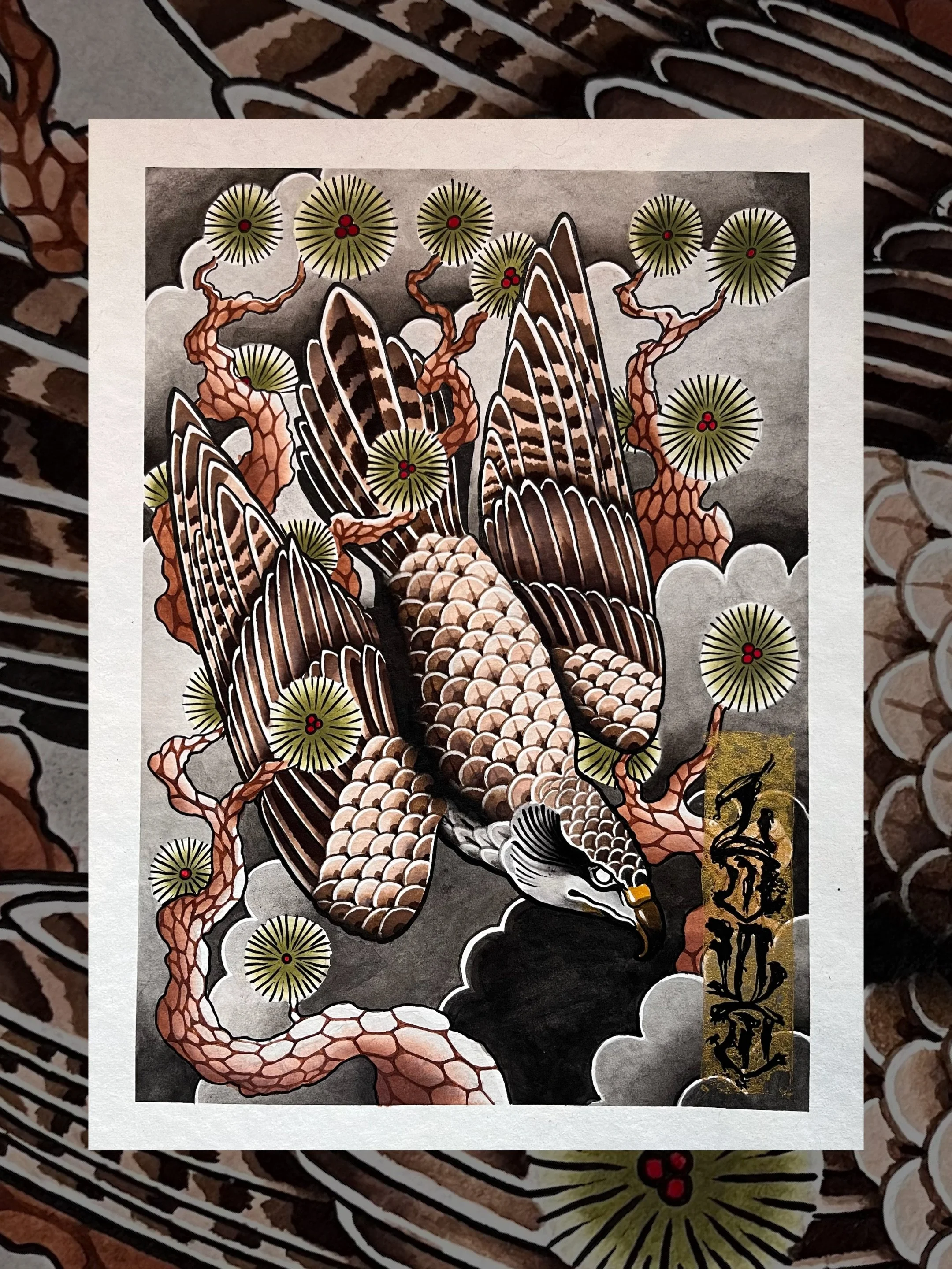 Handpainted Japanese Hawk tattoo design by Lono Tattoos — Berlin, Germany.
Available to be tattooed—use the contact form to book this piece.