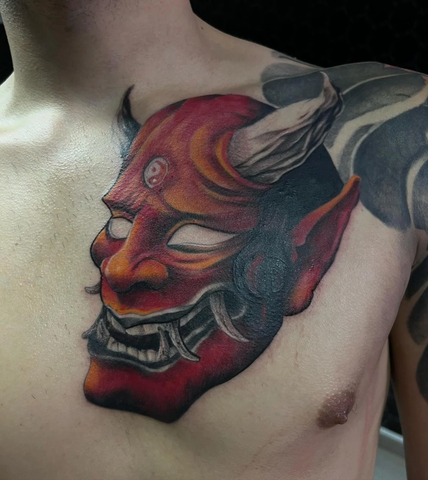 Hannya Mask Chest Color Tattoo Berlin Done By LonoTattoo