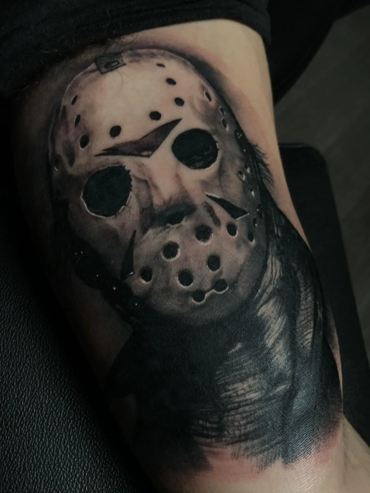 Realisic Black and Grey Jason Horror Healed Arm Tattoo Done By LonoTattoo
