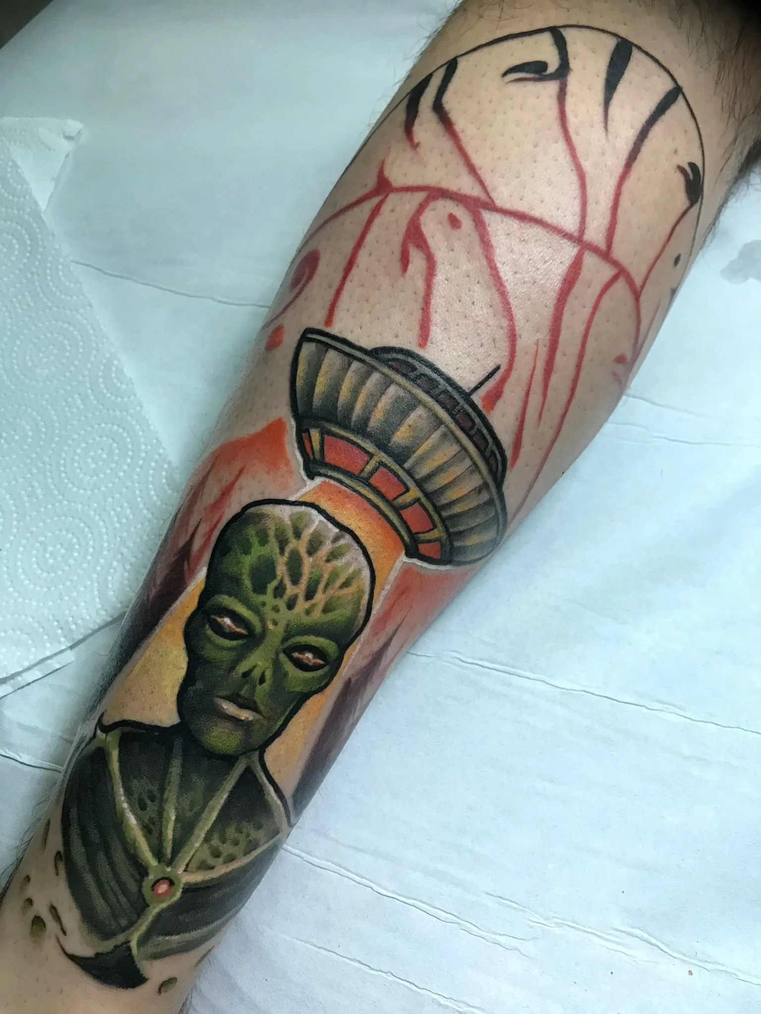 Traditional Freehand Alien UFO Psychadelic Leg Color Tattoo Berlin Done By LonoTattoo