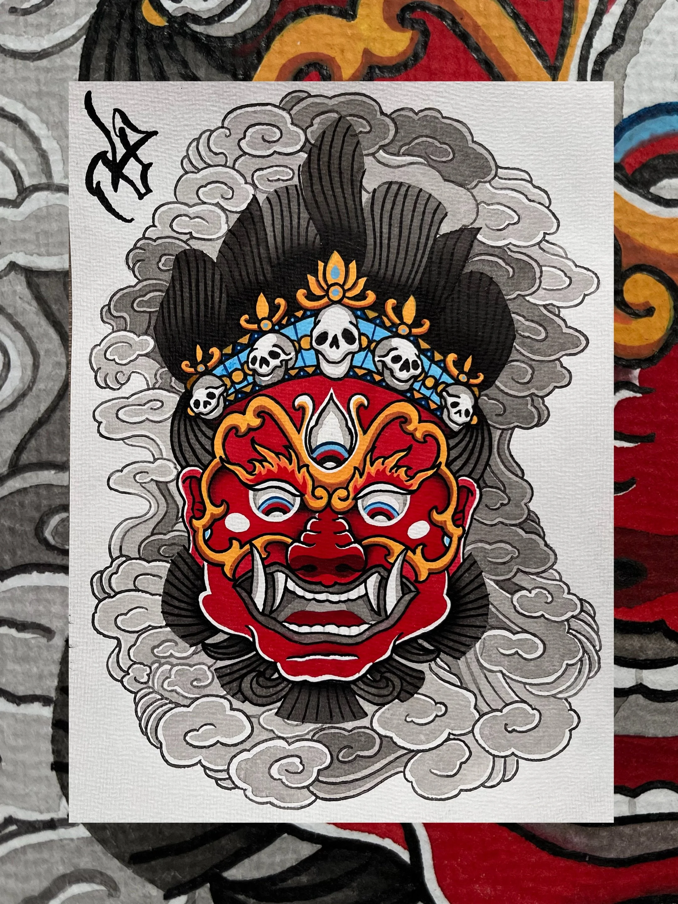 Handpainted Japanese Mask tattoo design by Lono Tattoos — Berlin, Germany.
Available to be tattooed—use the contact form to book this piece.