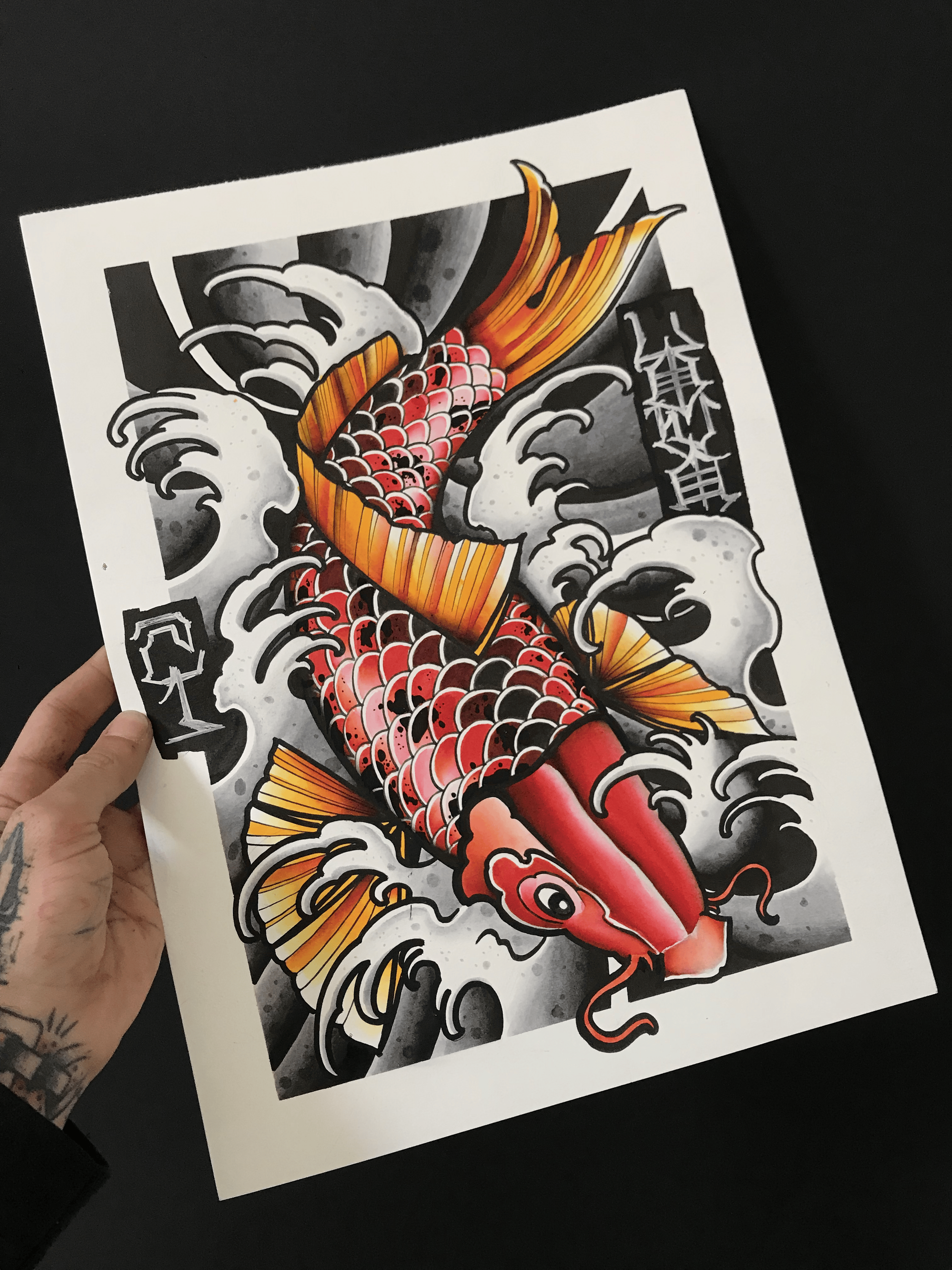Handpainted Japanese koi fish tattoo design by Lono Tattoos — Berlin, Germany.
Available to be tattooed—use the contact form to book this piece