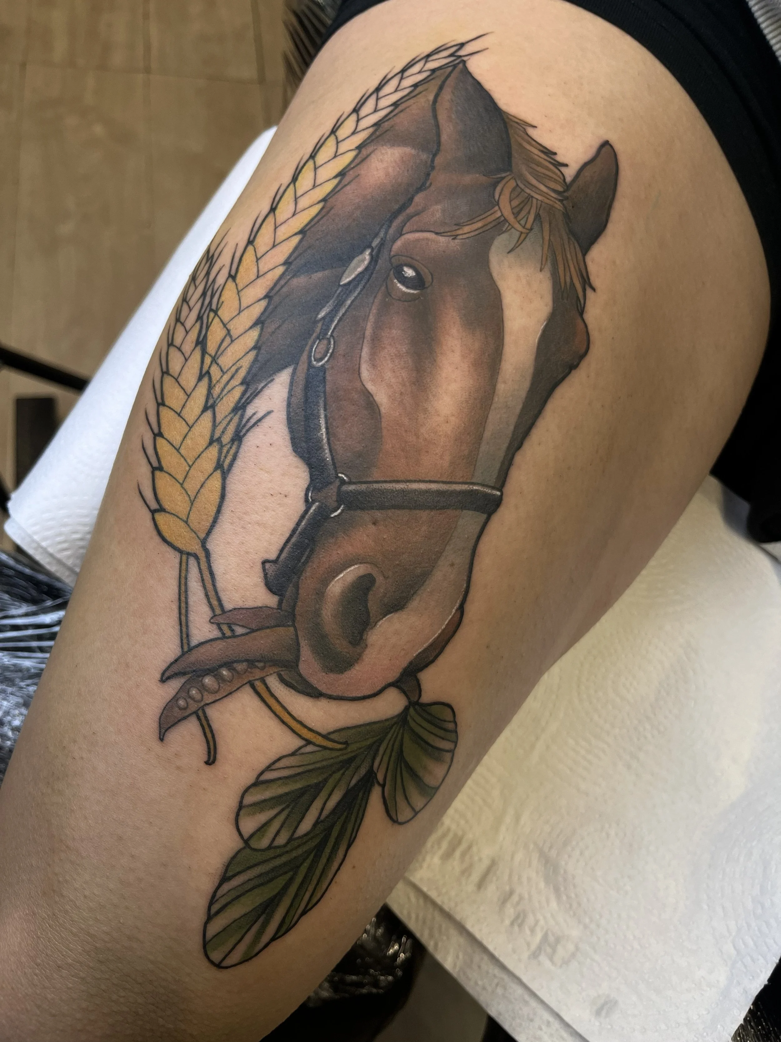 Tattoo of a horse's head with wheat and leaves surrounding it.