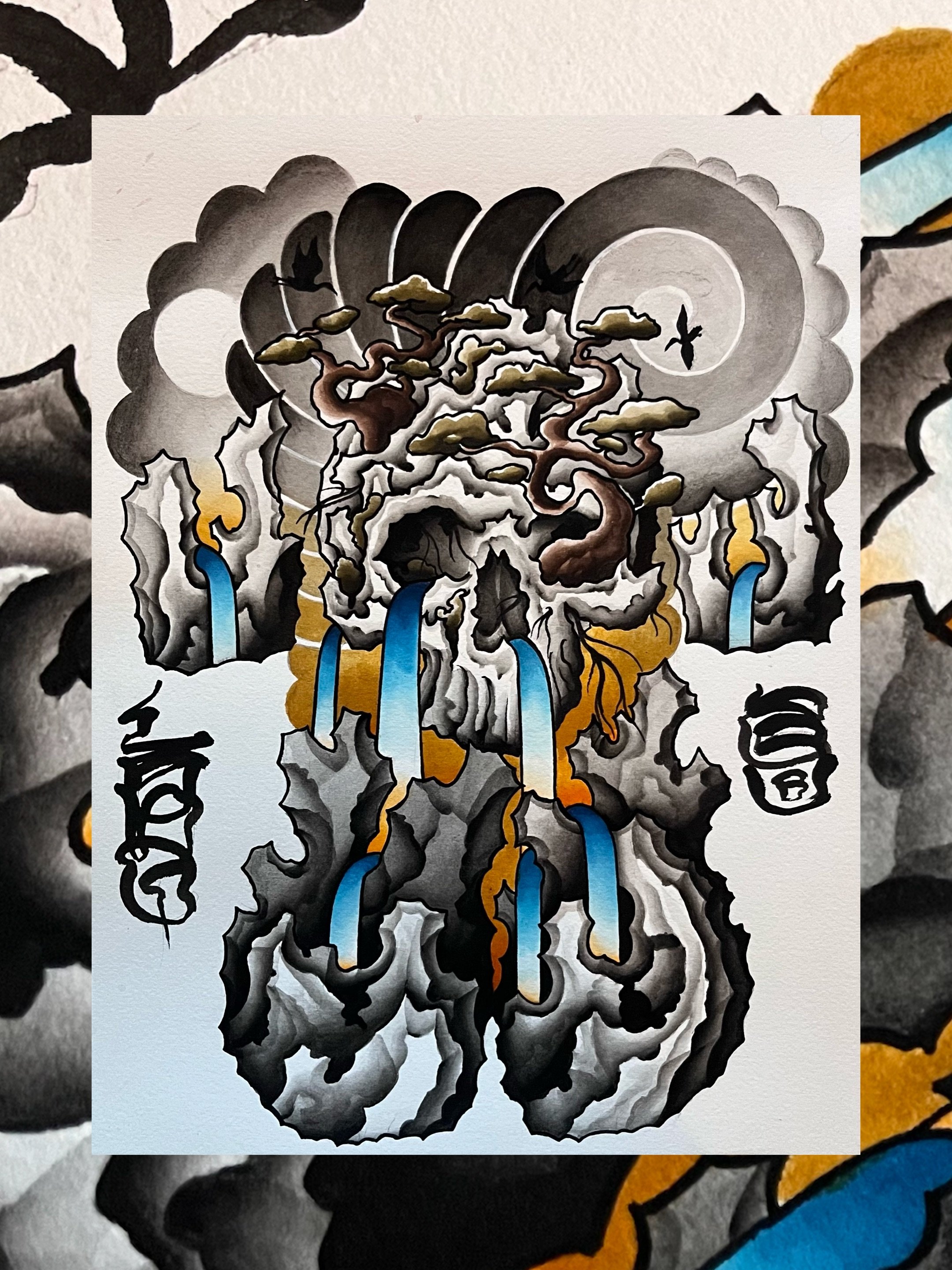 Handpainted Japanese Skull backpiece tattoo design by Lono Tattoos — Berlin, Germany.
Available to be tattooed—use the contact form to book this piece.