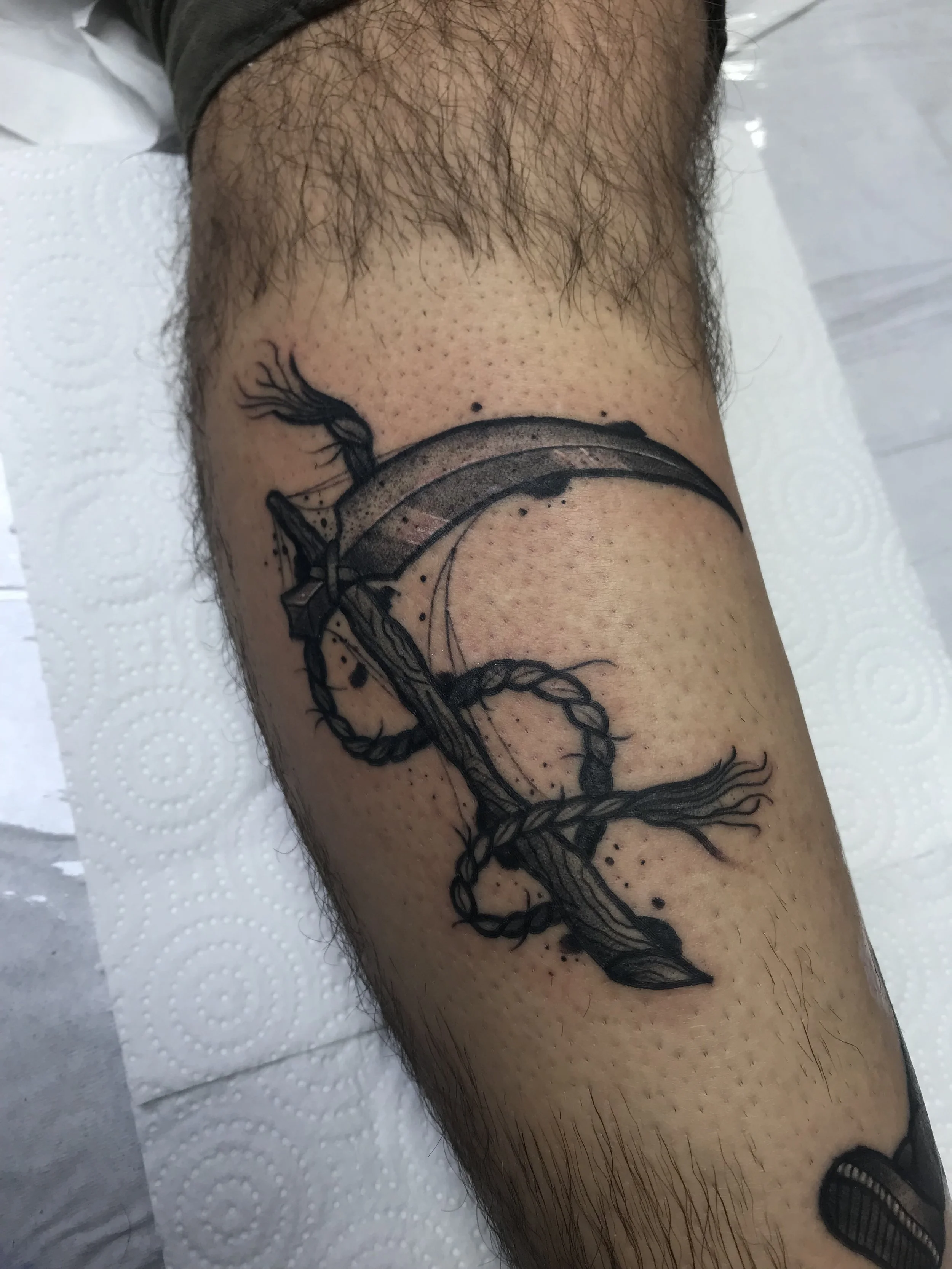Traditional Sickle Black and Grey Leg Tattoo Done By LonoTattoo