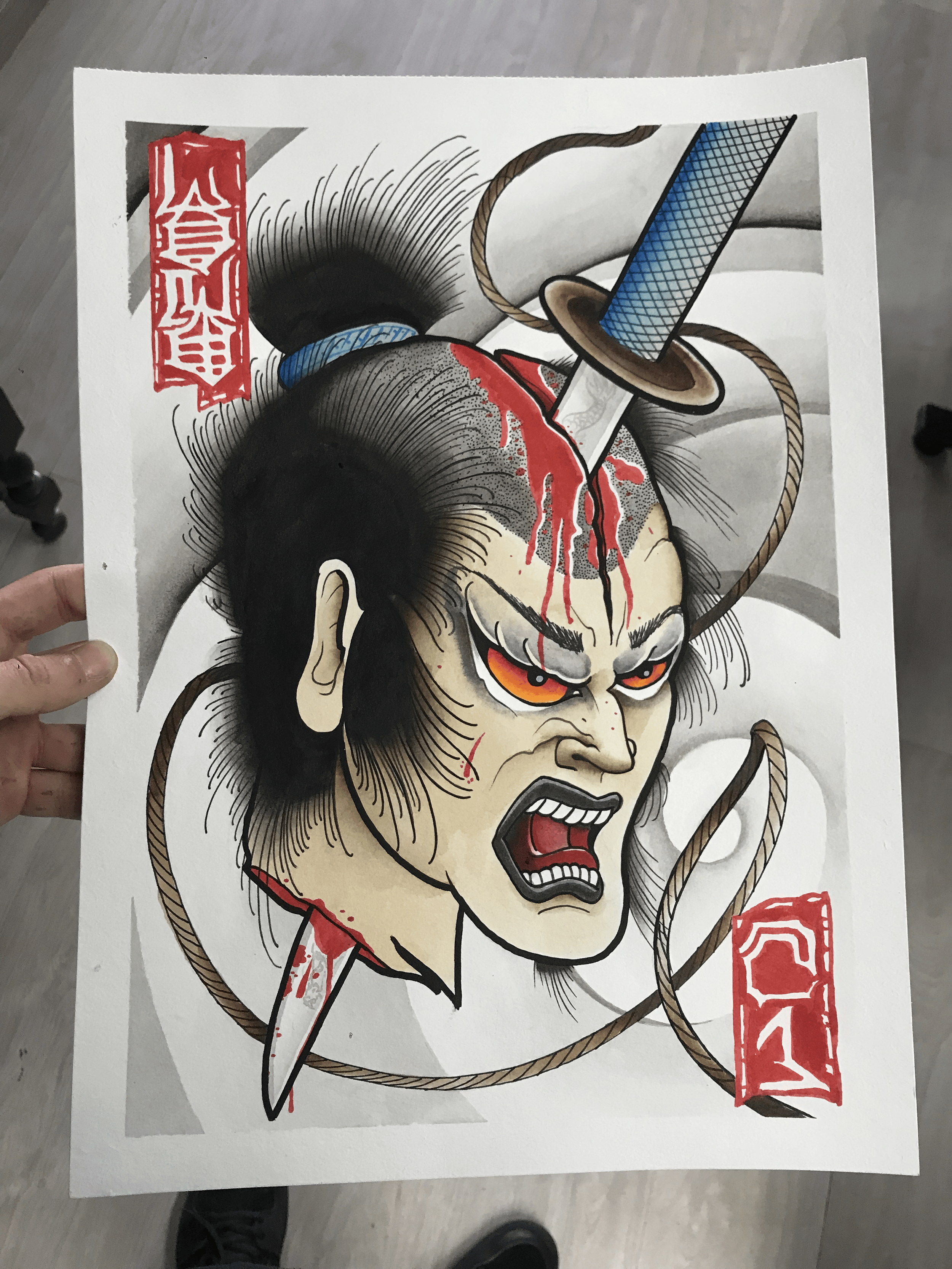 Handpainted Japanese samurai tattoo design by Lono Tattoos — Berlin, Germany.
Available to be tattooed—use the contact form to book this piece