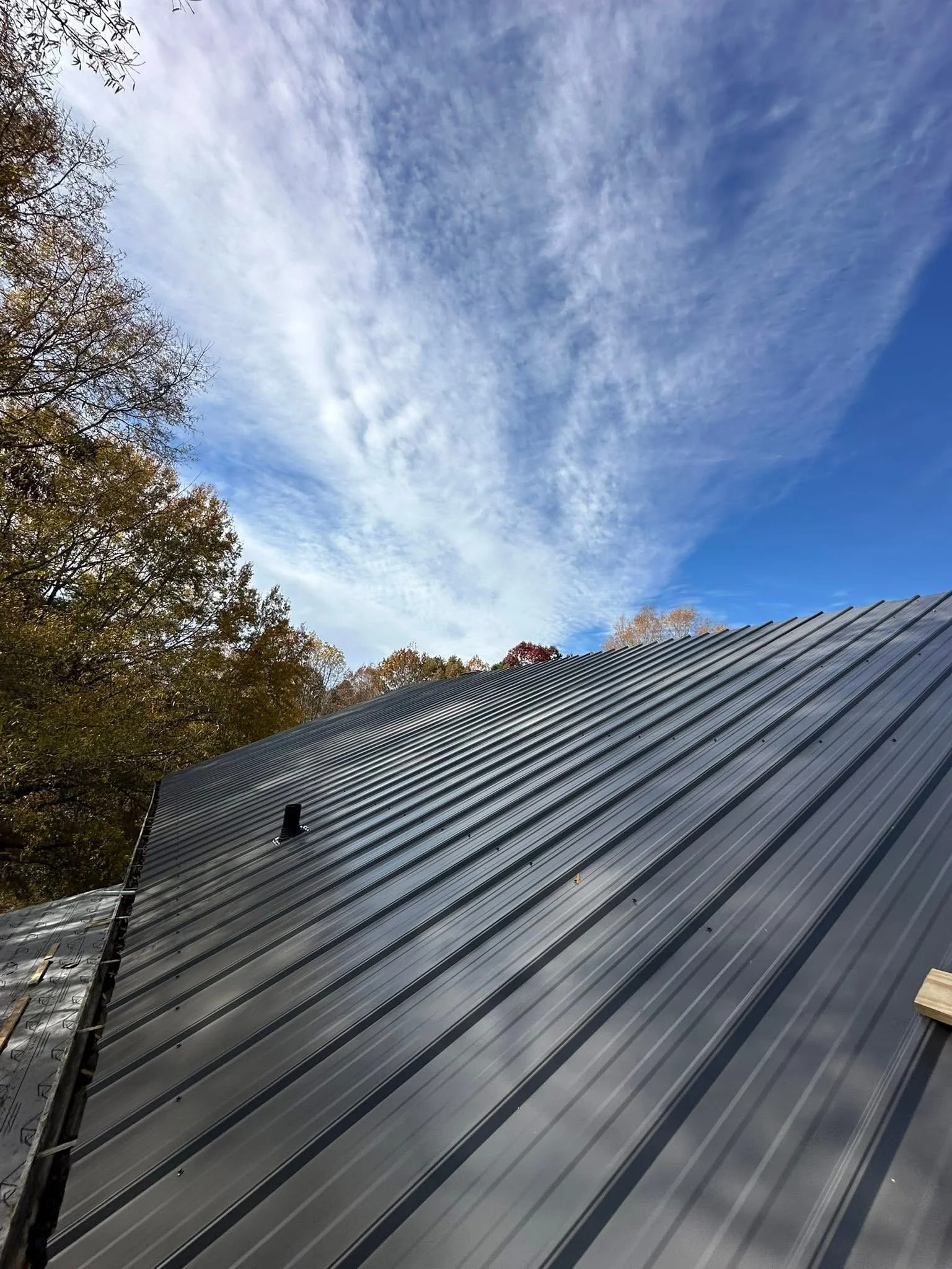 Close-up of a metal roof on a building with trees in the background and a partly cloudy sky above.