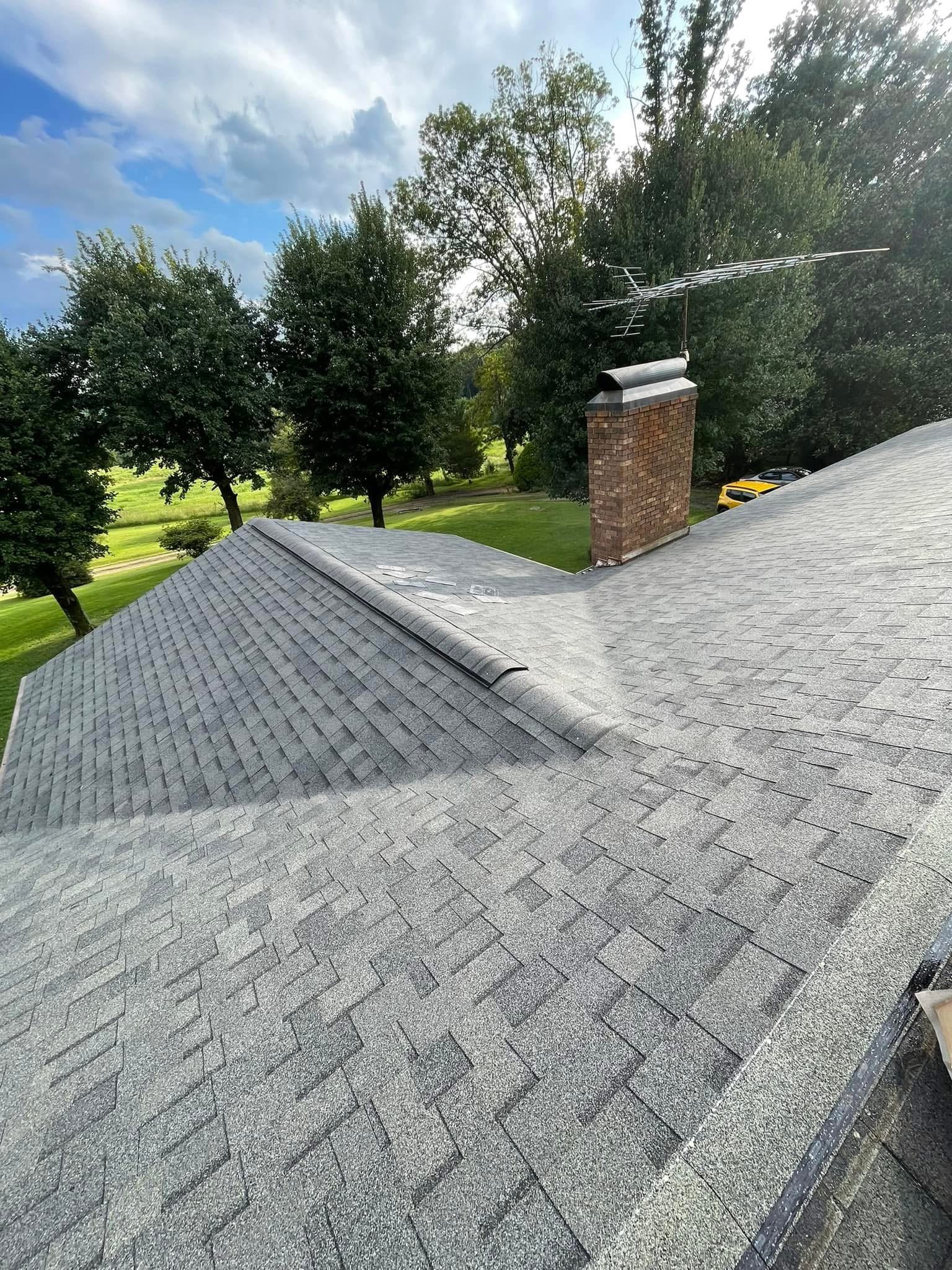 View of a shingled roof with a brick chimney and an antenna, surrounded by green trees and a grassy area, under a partly cloudy sky.