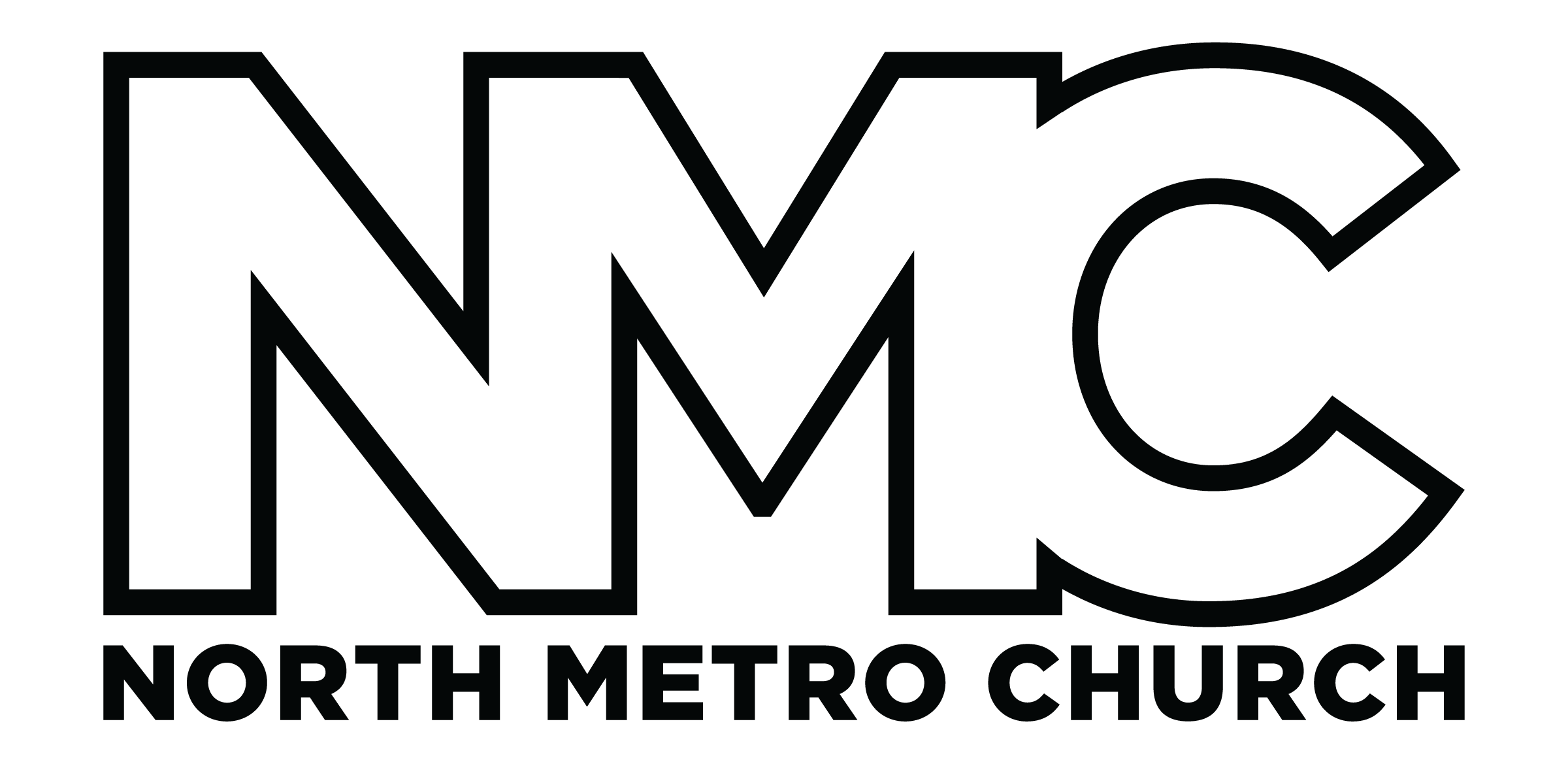 Logo of North Metro Church with stylized text and graphic elements.