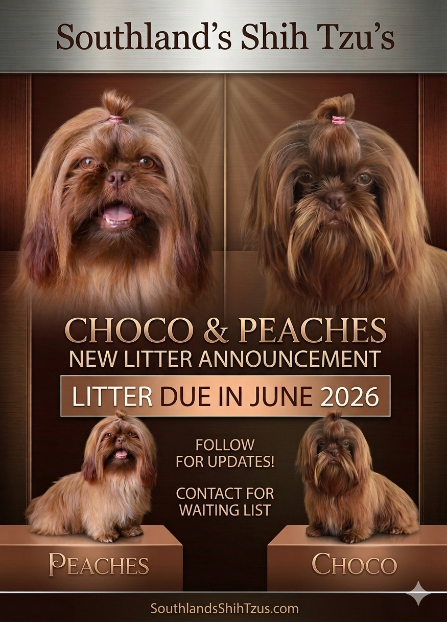An announcement poster for Southland's Shih Tzu's new litter of puppies, Choco and Peaches, due in June 2026, featuring pictures of the two dogs with long, brown fur and topknots, and includes instructions to follow for updates and contact for waitlist.