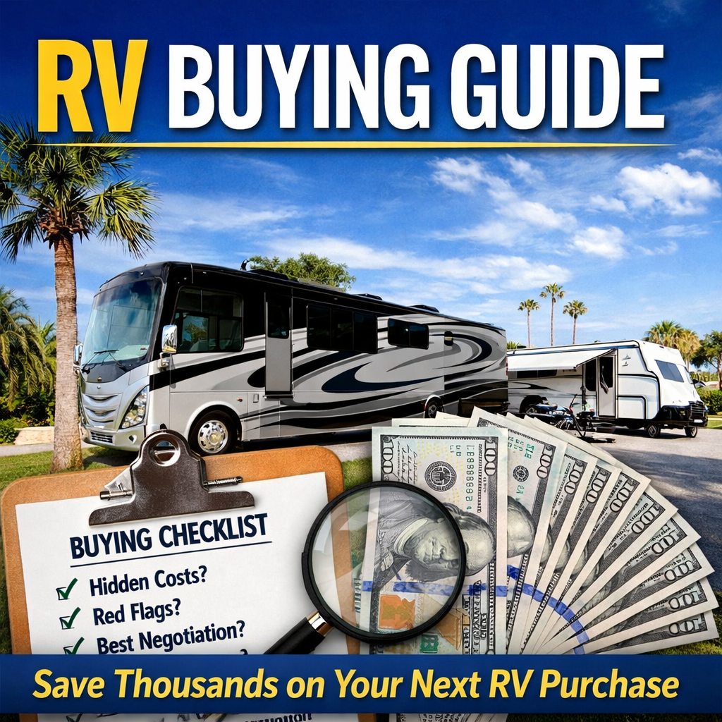 RV buying guide showing common inspection points and red flags to check before purchasing an RV