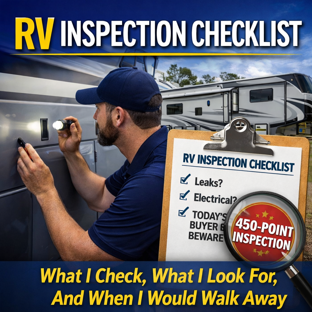 RV inspection checklist highlighting critical areas a technician checks before recommending an RV purchase