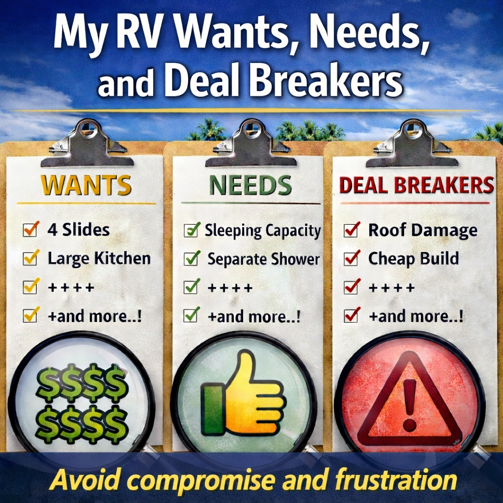 RV buying considerations guide comparing must-have features, deal breakers, and long-term ownership needs