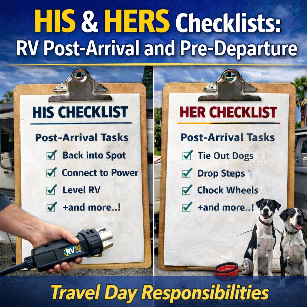 RV pre-trip and post-trip checklist outlining essential tasks to complete before and after traveling