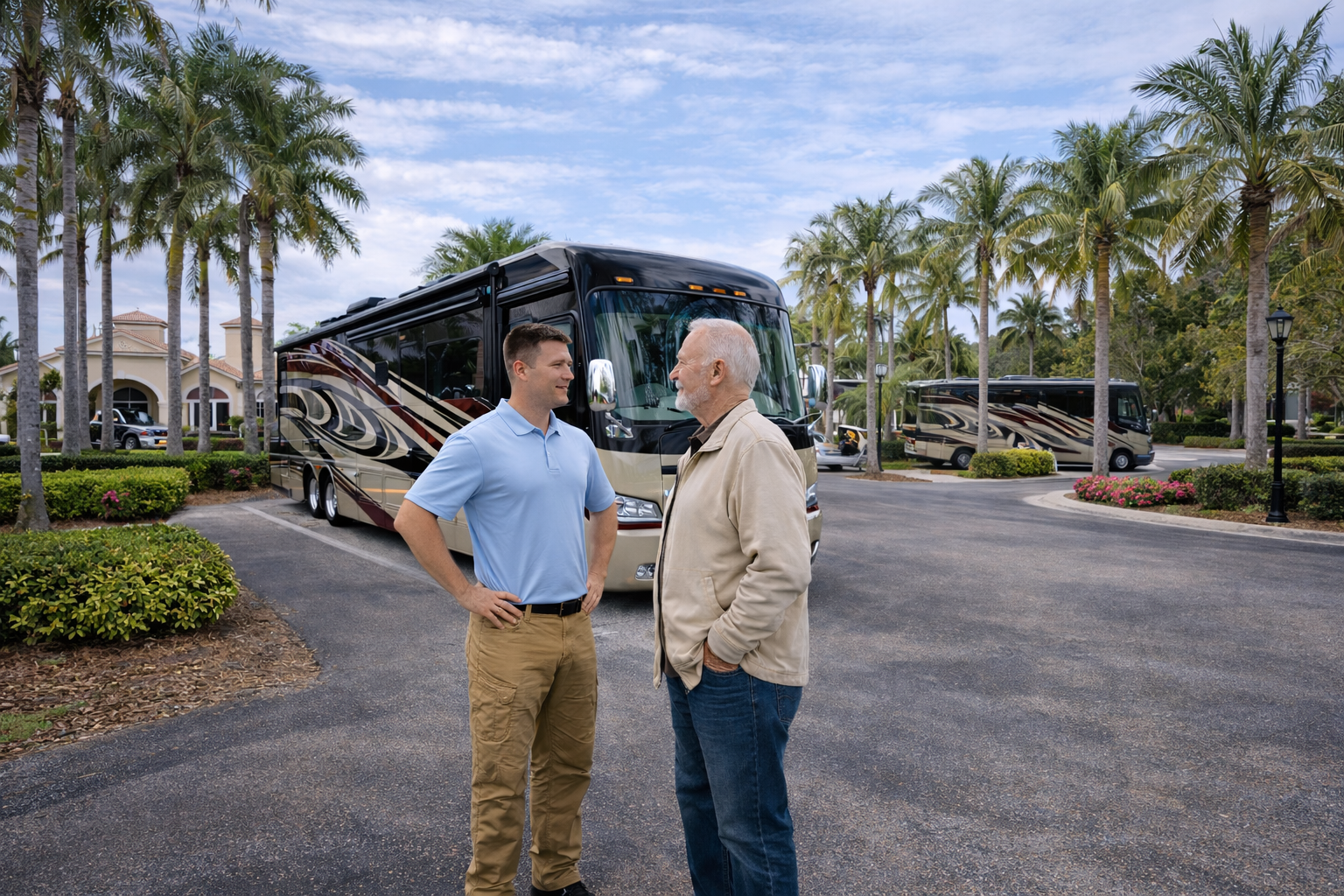 RV Service Technician in Educational Conversation with older man in front of a luxury bus RV at an Florida RV Resort Site.