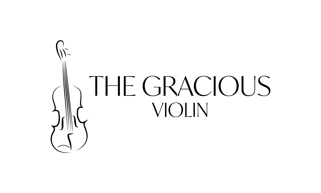 Line drawing of a violin with the text 'The Gracious Violin' in black on a white background.