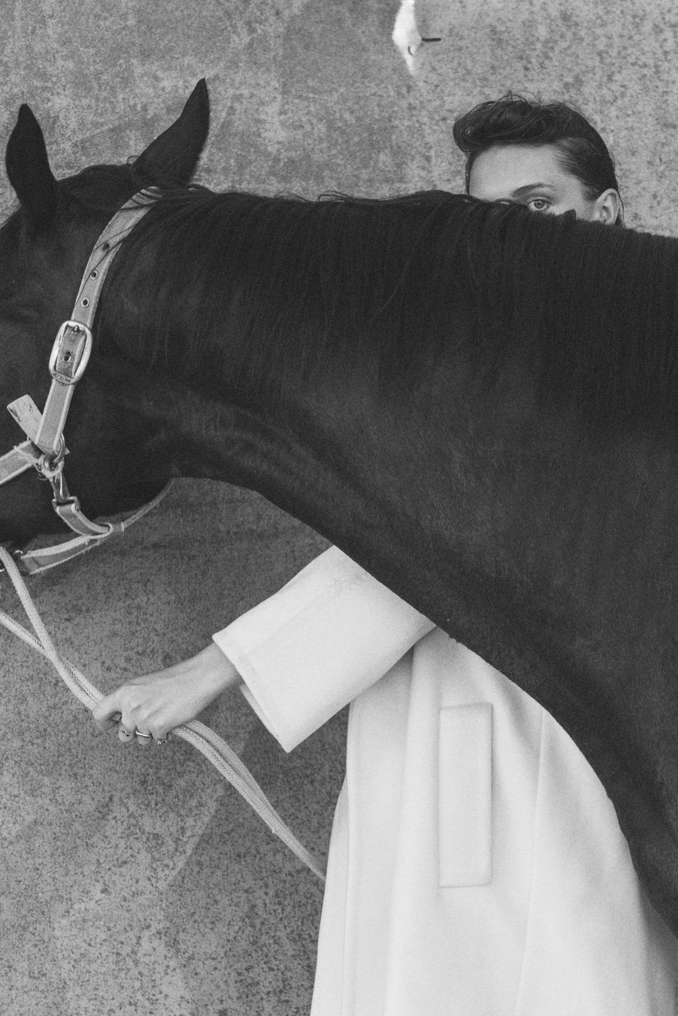 A woman with short hair and a white coat holding a dark horse's bridle, with the horse's head blocking part of her face, standing against a textured wall.