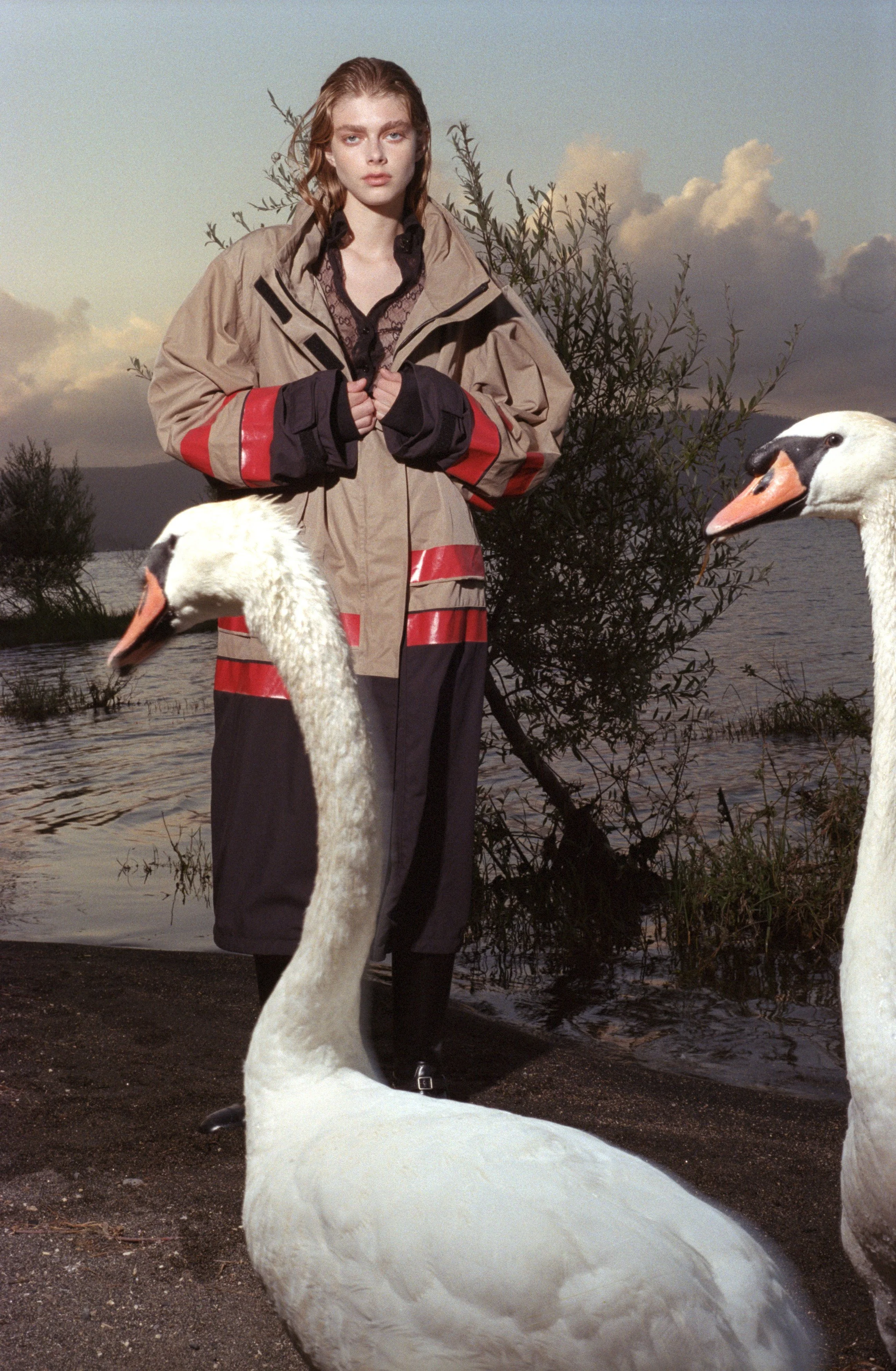 A young woman standing outdoors by a lake with two swans in front of her, wearing a beige and black jacket with red accents, during sunset or sunrise.