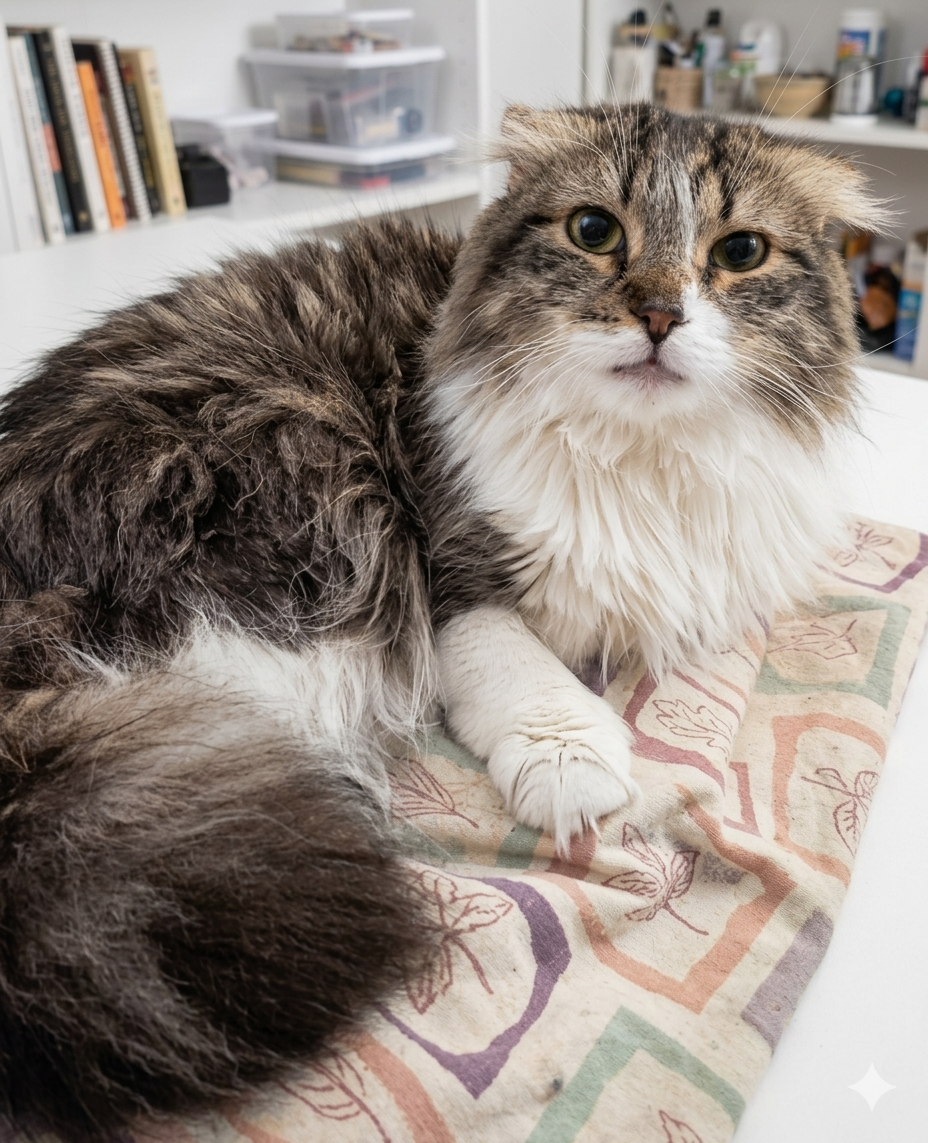 Sawney, a tabby-and-white Scottish Fold cat, bonded with Reyna, available for adoption