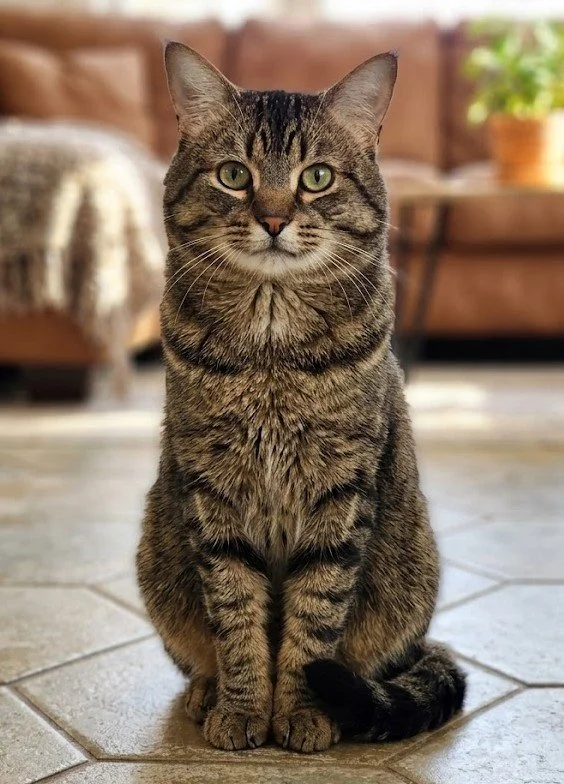 Oliver, a brown tabby cat with golden eyes, available for adoption